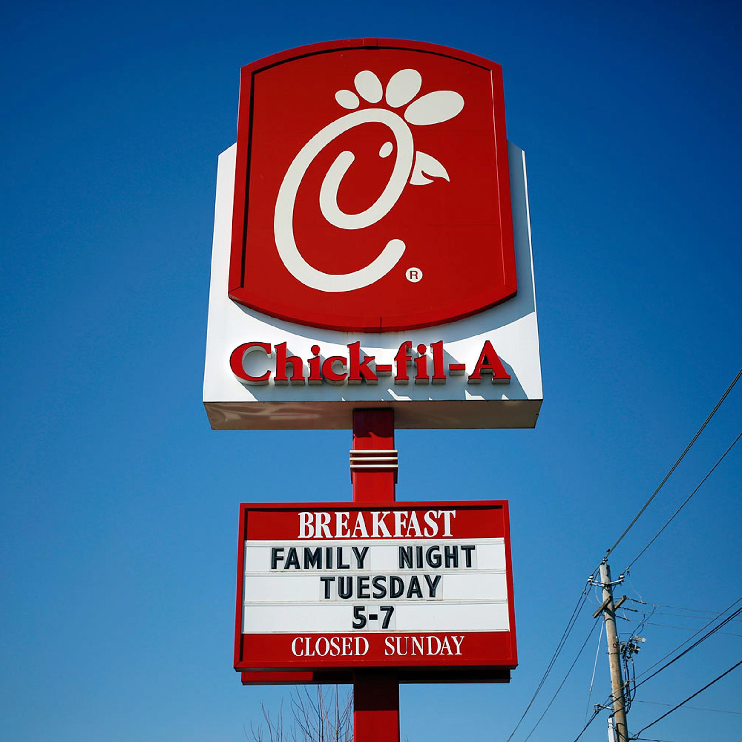 Signage stands outside a Chick-fil-A Inc. restaurant in Bowling Green, Kentucky, Mar. 25, 2014.