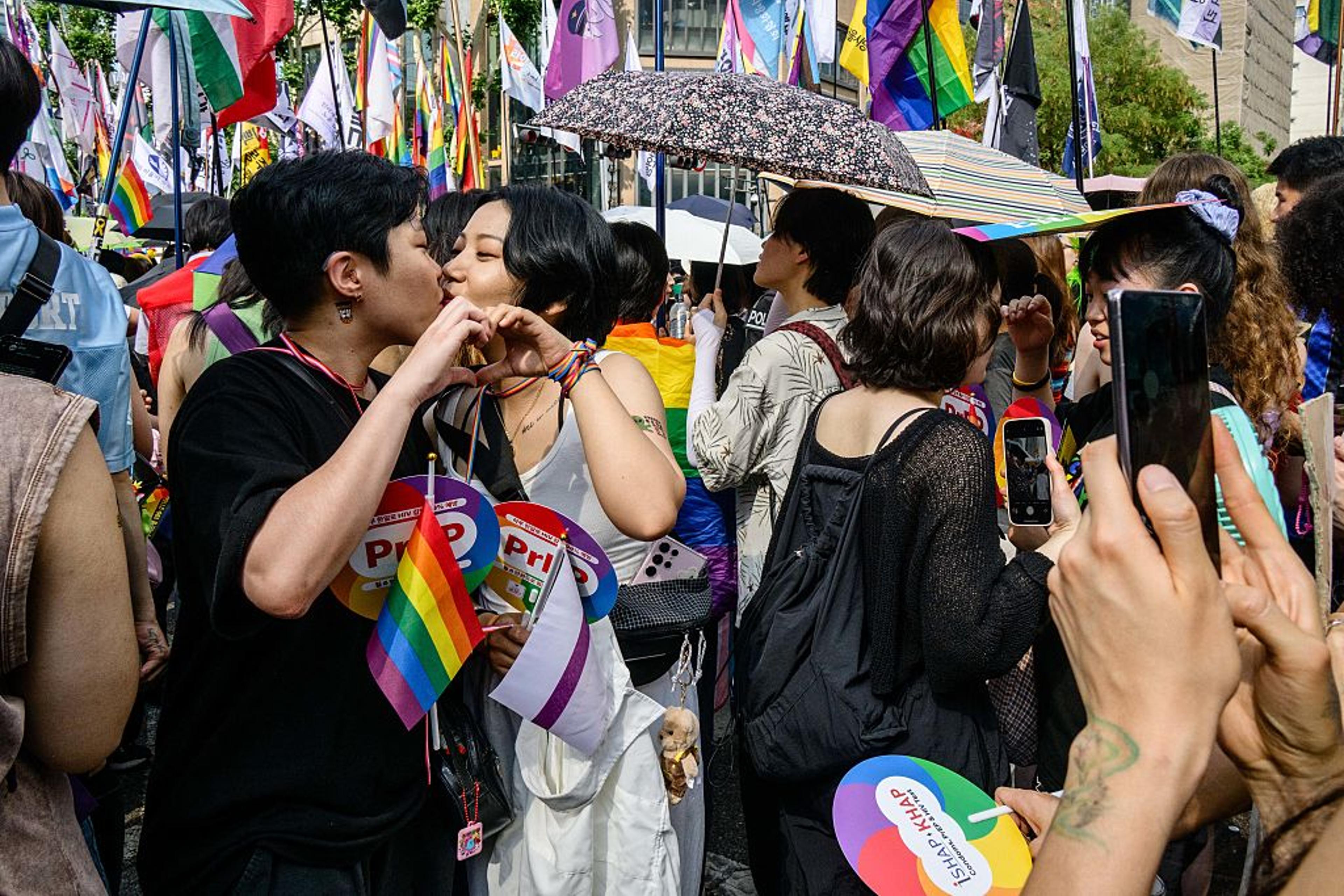 People attend a Pride event in support of LGBTQ rights, during the Seoul Queer Culture Festival, in Seoul on June 14, 2025.