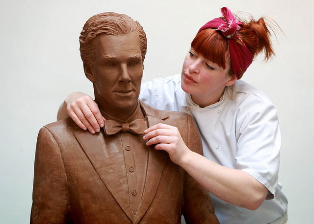 Chocolatier Jen Lindsay-Clark makes final adjustments to a life-size chocolate sculpture of actor Benedict Cumberbatch