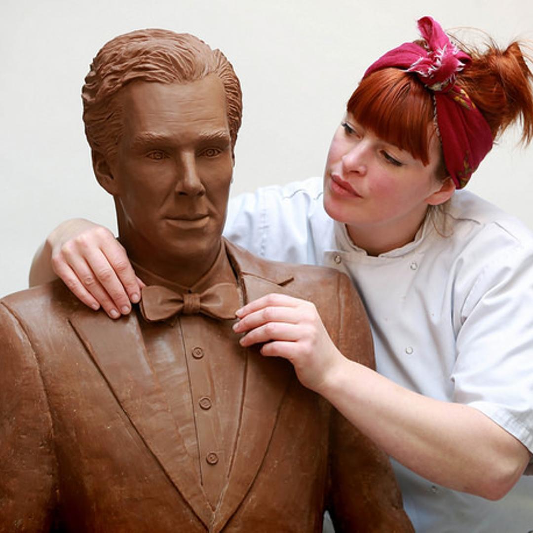 Chocolatier Jen Lindsay-Clark makes final adjustments to a life-size chocolate sculpture of actor Benedict Cumberbatch