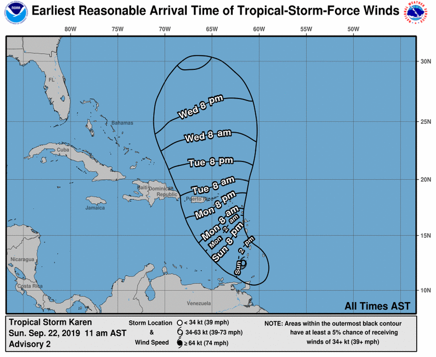Tropical Storm Karen's predicted arrival times