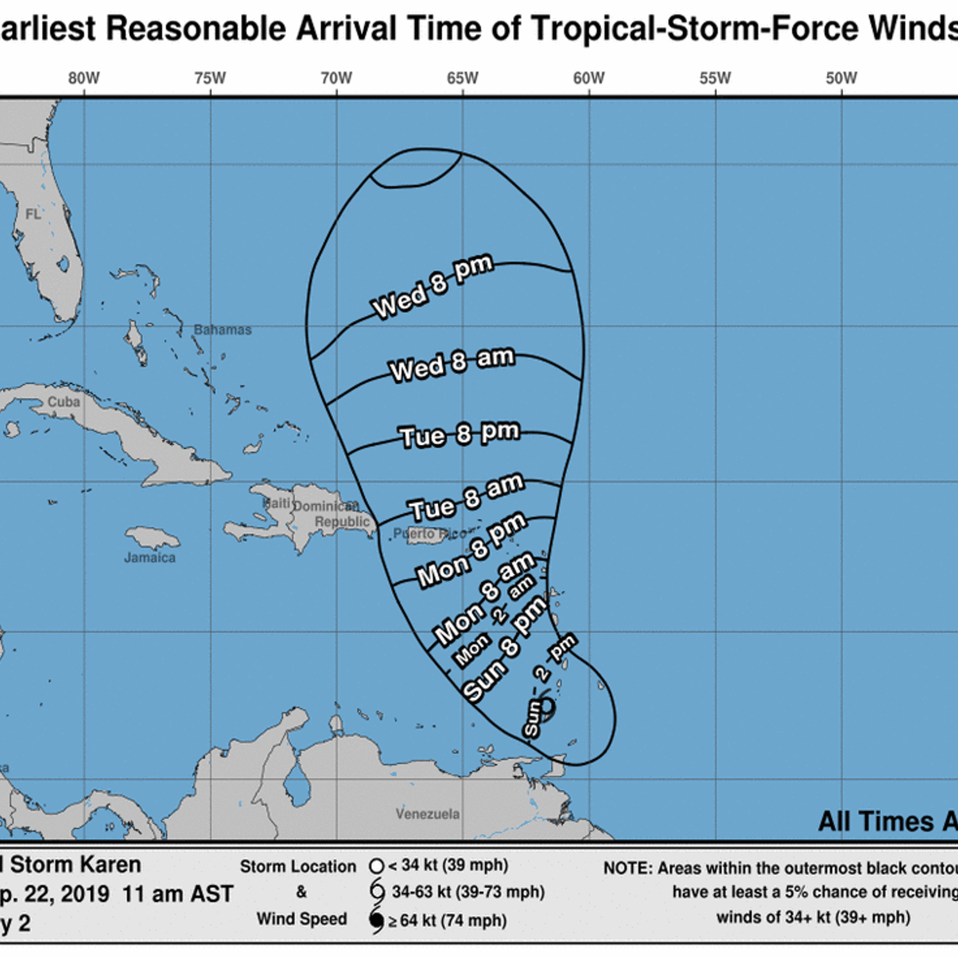 Tropical Storm Karen's predicted arrival times