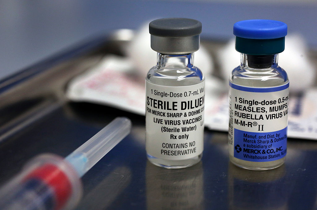 LOS ANGELES, CA-FEBRUARY 6, 2015:  A vial containing the MMR vaccine, right, and another vial contai