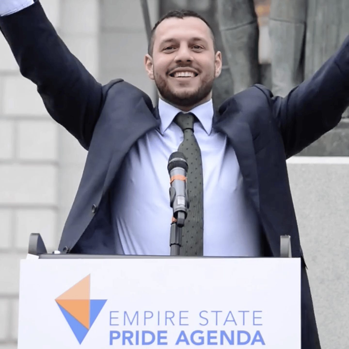 Mathew Shurka in front of the New York State Capital for Equality and Justice Day on April 29, 2014.