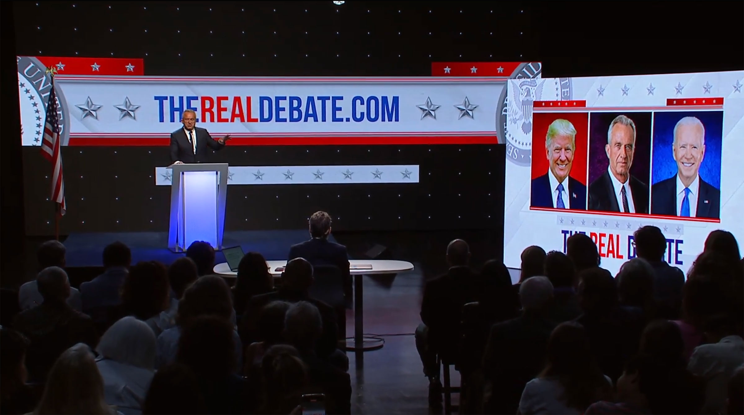 A screen-grab shows Robert F. Kennedy Jr. as he participates in his own debate, called “The Real Debate”, that streamed alongside the CNN debate.