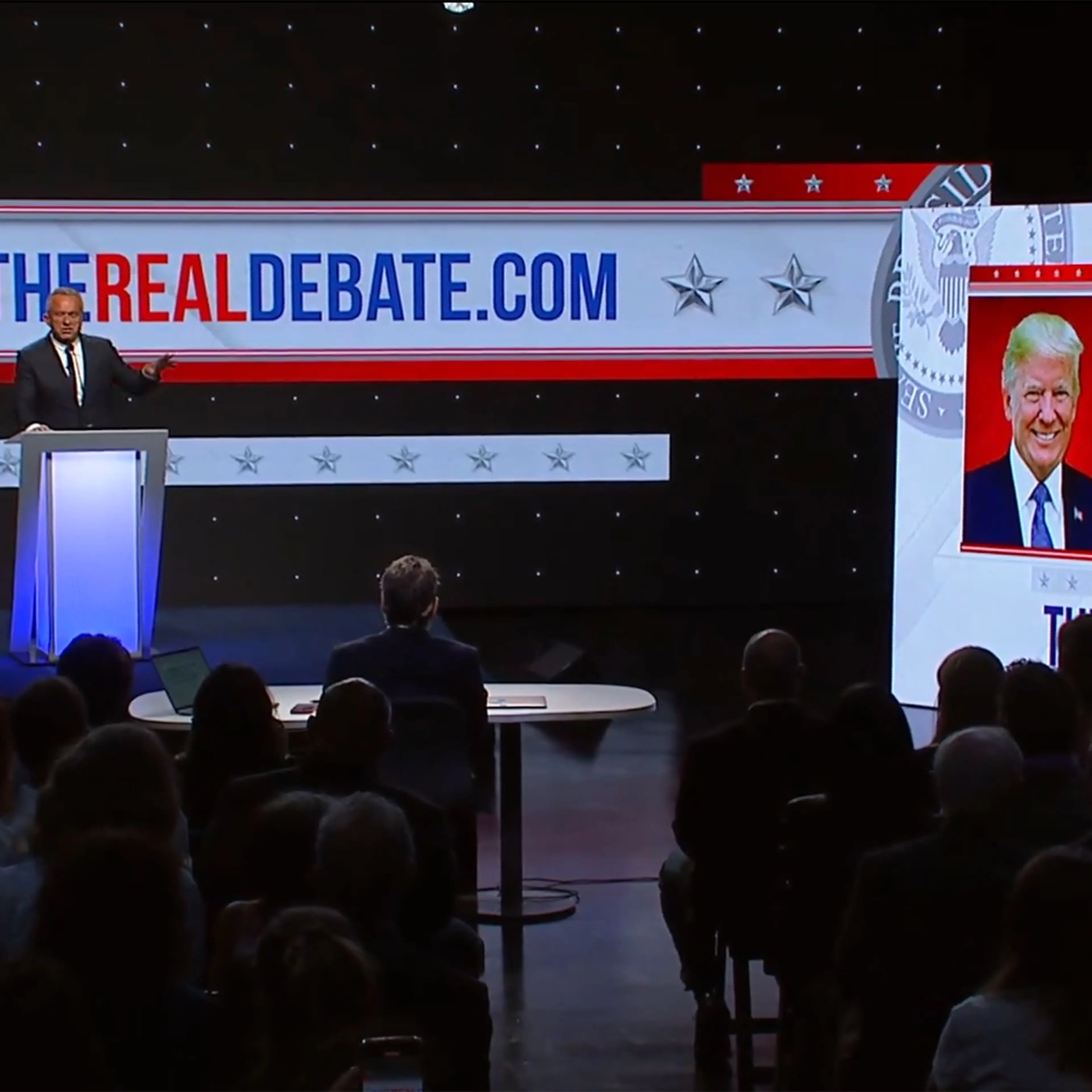 A screen-grab shows Robert F. Kennedy Jr. as he participates in his own debate, called “The Real Debate”, that streamed alongside the CNN debate.