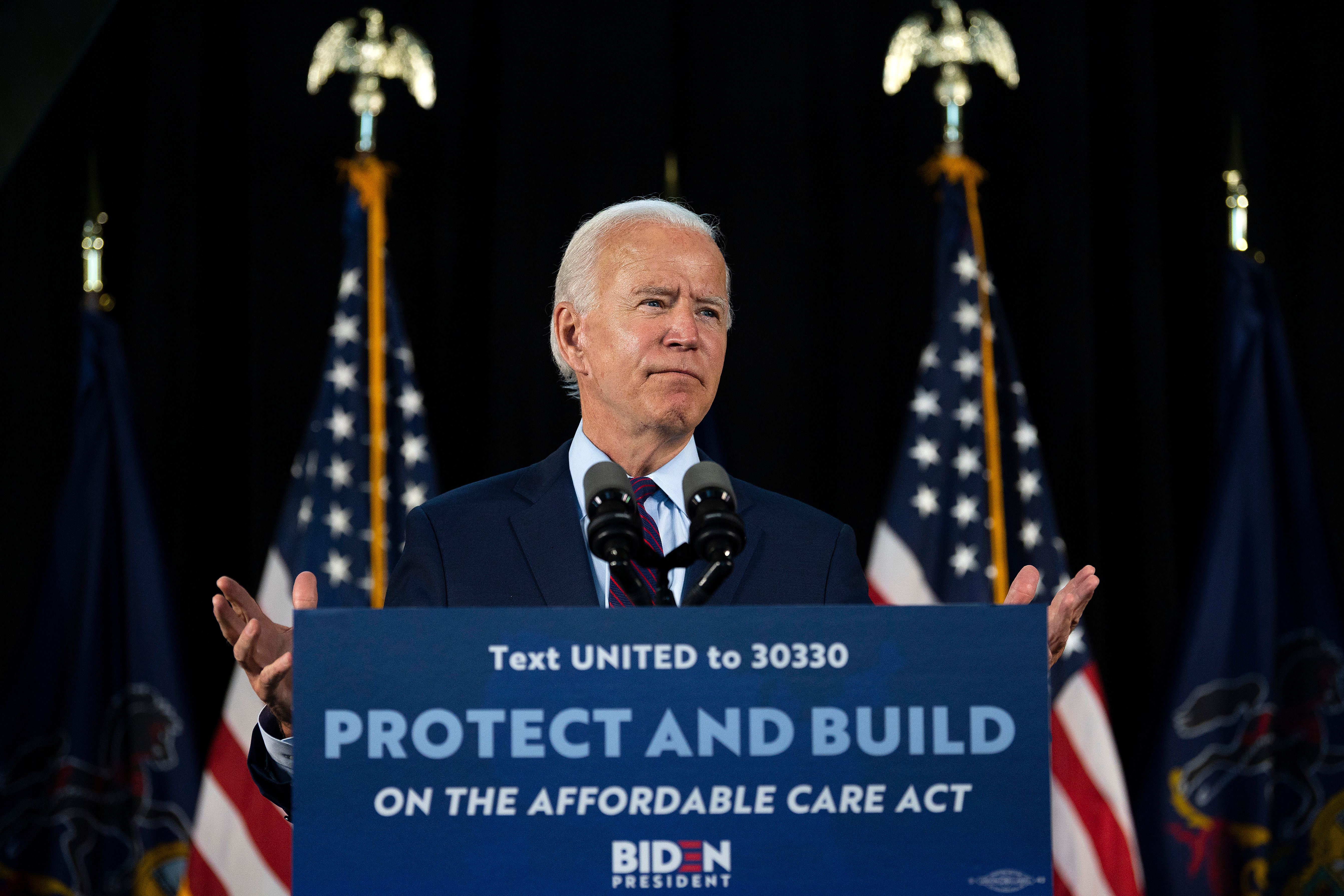Democratic presidential candidate Joe Biden delivers remarks after meeting with Pennsylvania families who have benefited from the Affordable Care Act on June 25, 2020 in Lancaster, Pennsylvania.