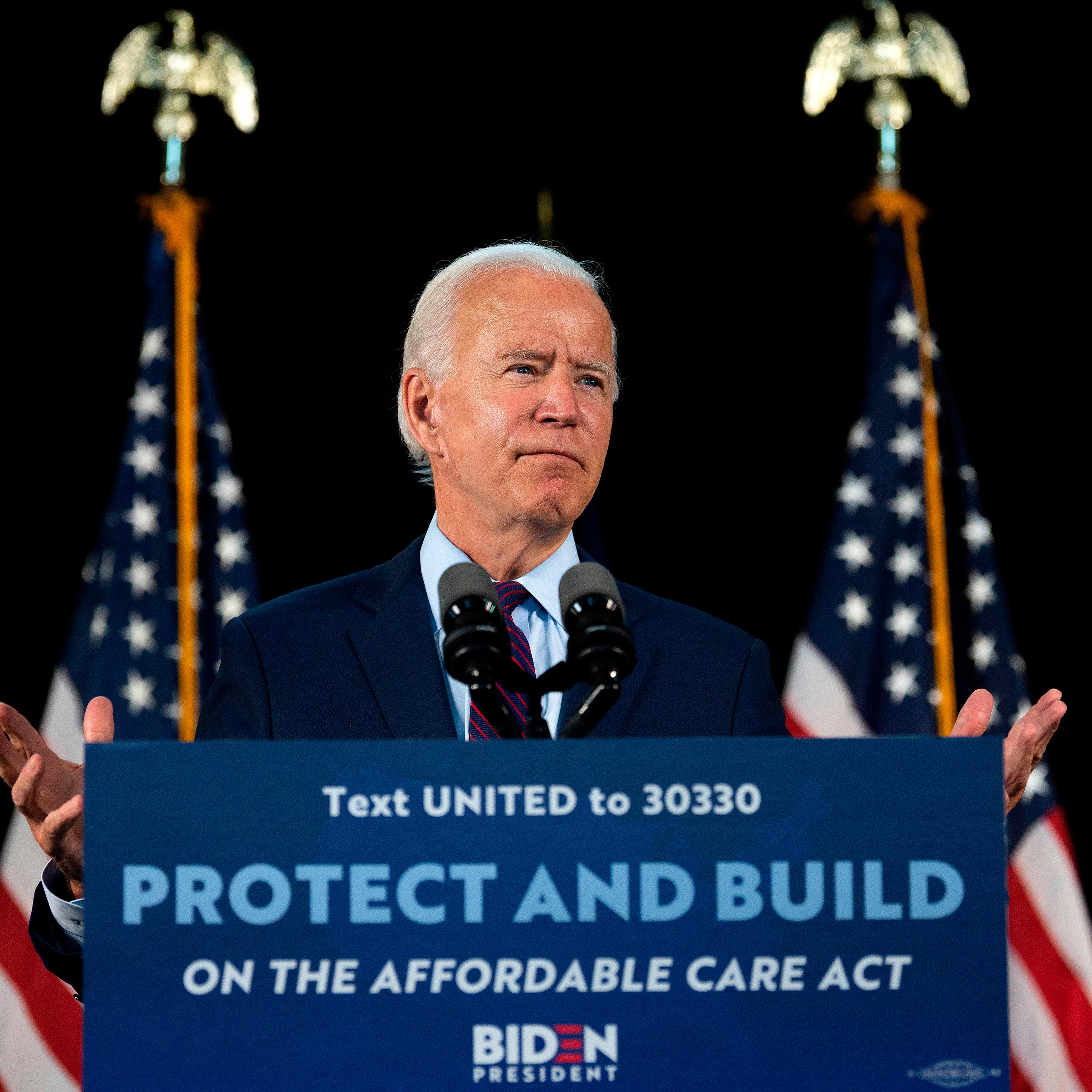 Democratic presidential candidate Joe Biden delivers remarks after meeting with Pennsylvania families who have benefited from the Affordable Care Act on June 25, 2020 in Lancaster, Pennsylvania.