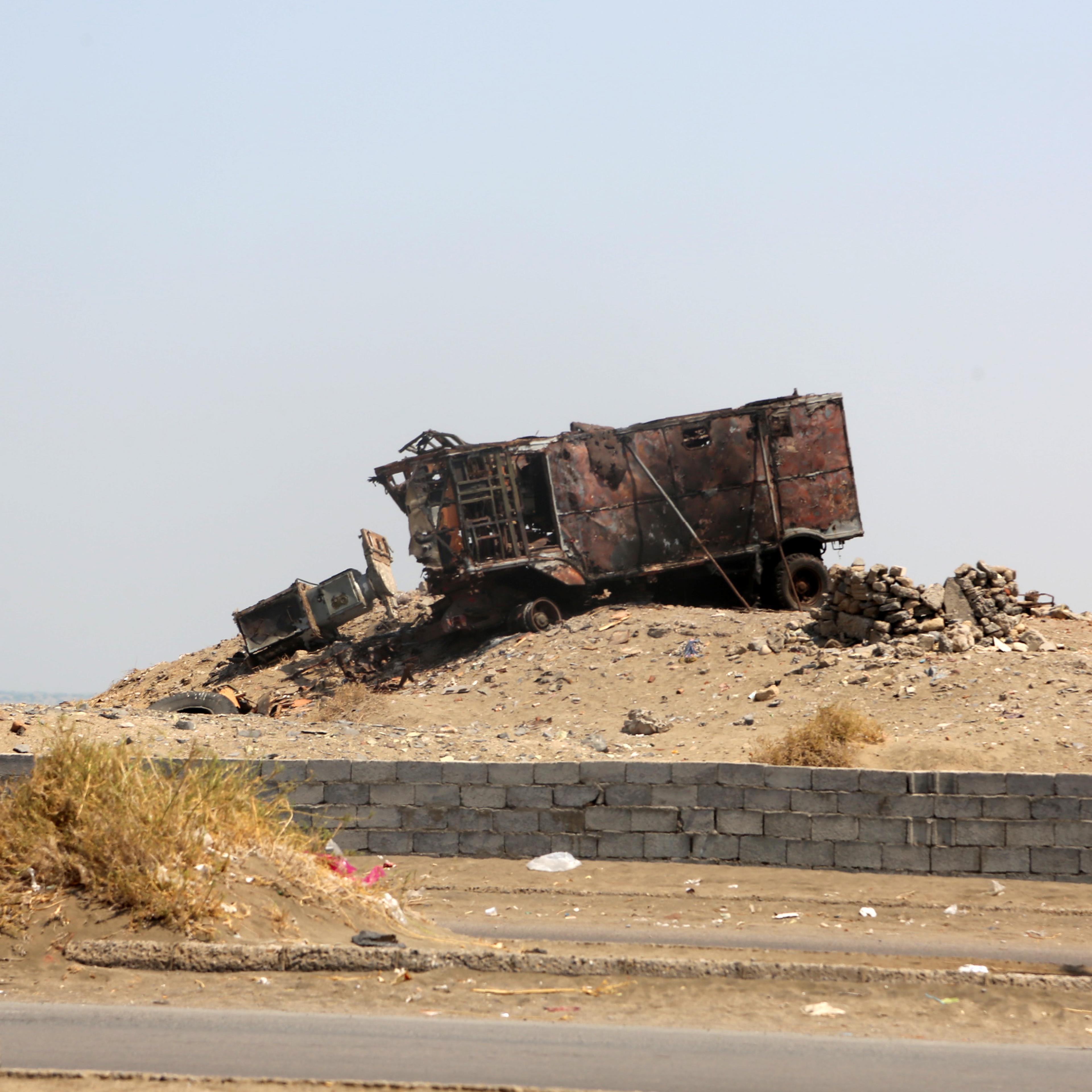 A destroyed vehicle is pictured in the Yemeni port city of Hodeidah on Oct. 13, 2016.