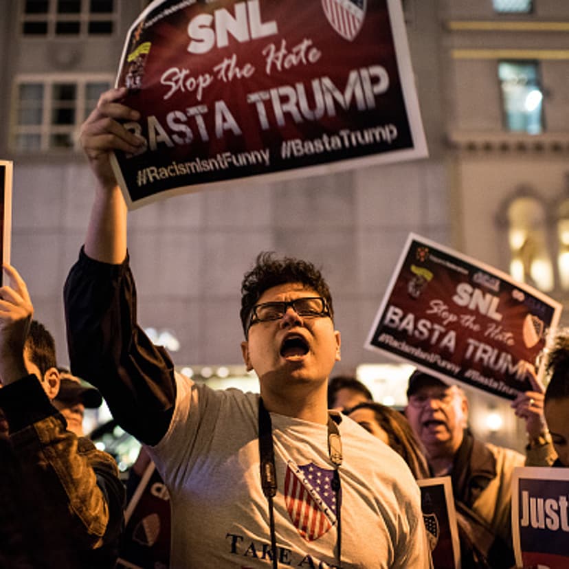 Latino organizations hold a rally against Donald Trump hosting NBC's Saturday Night Live outside of Trump Tower on November 7, 2015 in New York City.