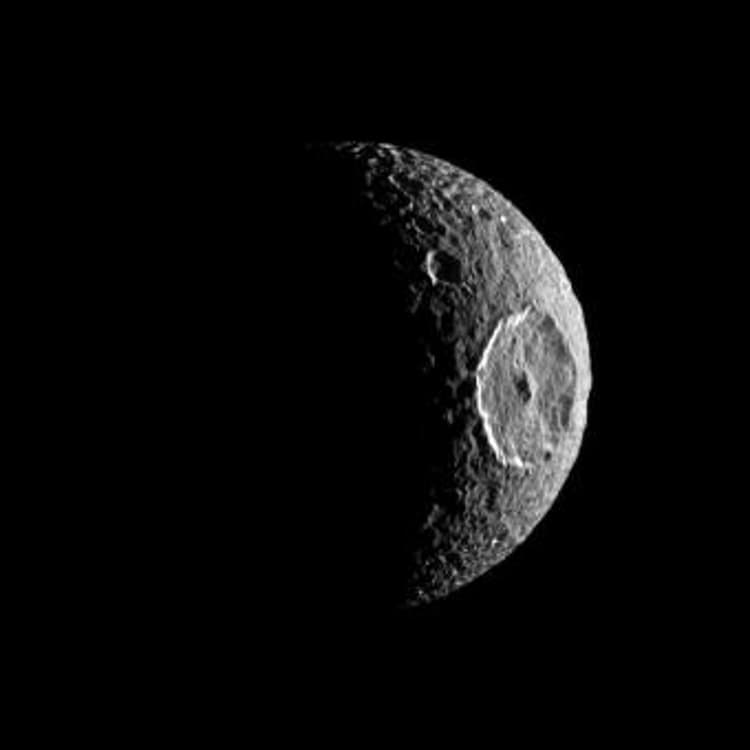 Saturn's moon Mimas as seen by the Cassini Orbiter on October 16, 2010.
