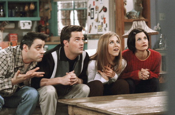 Matt Le Blanc as Joey Tribbiani, Matthew Perry as Chandler Bing, Jennifer Aniston as Rachel Green, Courteney Cox as Monica Geller in Friends