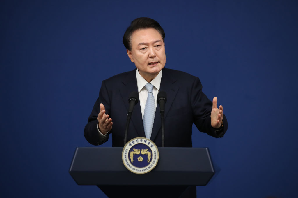 South Korean President Yoon Suk-yeol delivers a speech during a press conference at the presidential office in Seoul, South Korea, on August 29, 2024.