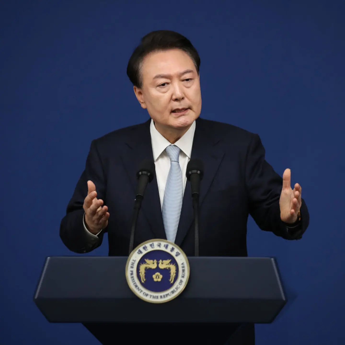 South Korean President Yoon Suk-yeol delivers a speech during a press conference at the presidential office in Seoul, South Korea, on August 29, 2024.