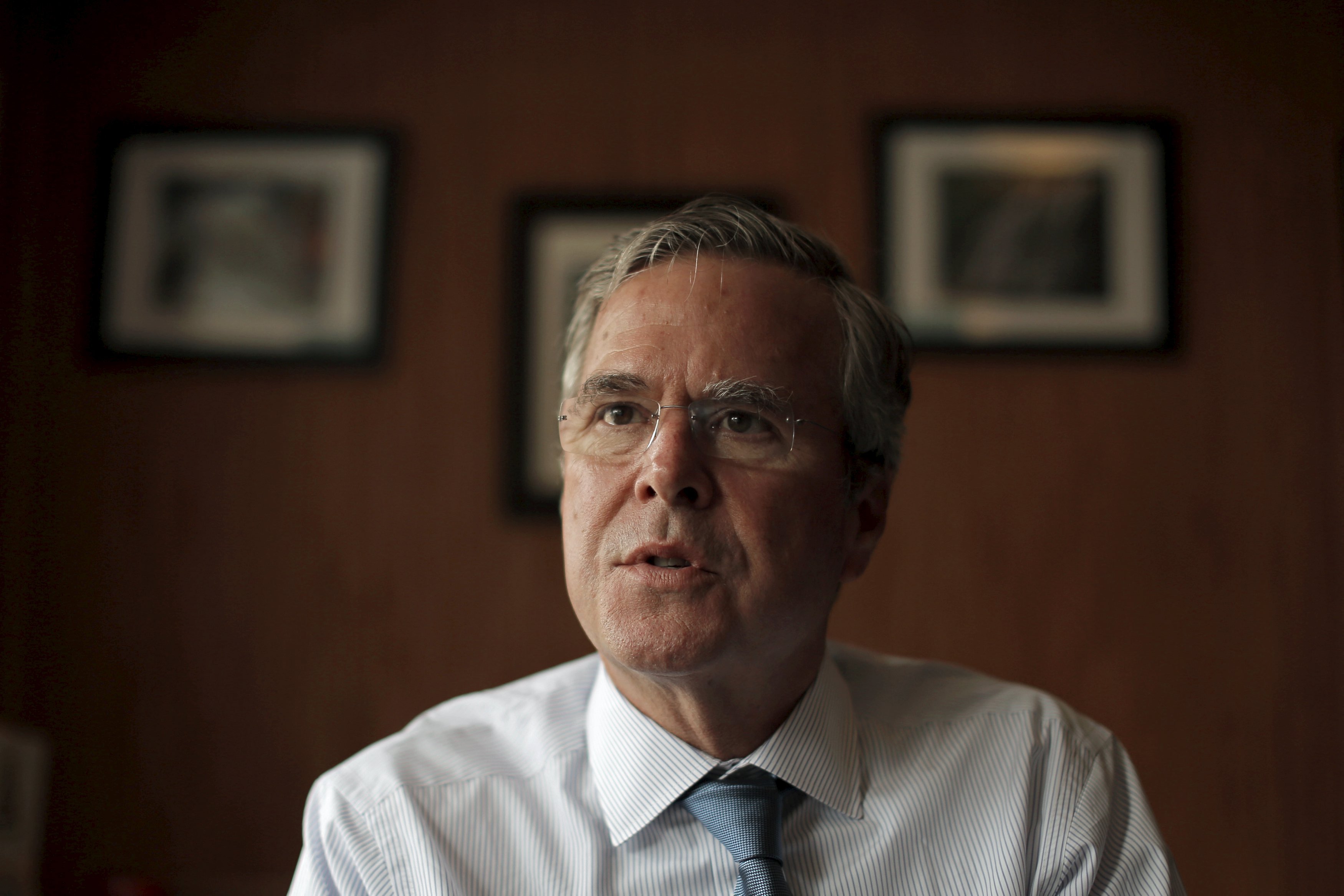 U.S. Republican presidential candidate Jeb Bush answers a question during an interview with Reuters at Nonie's Restaurant in Peterborough