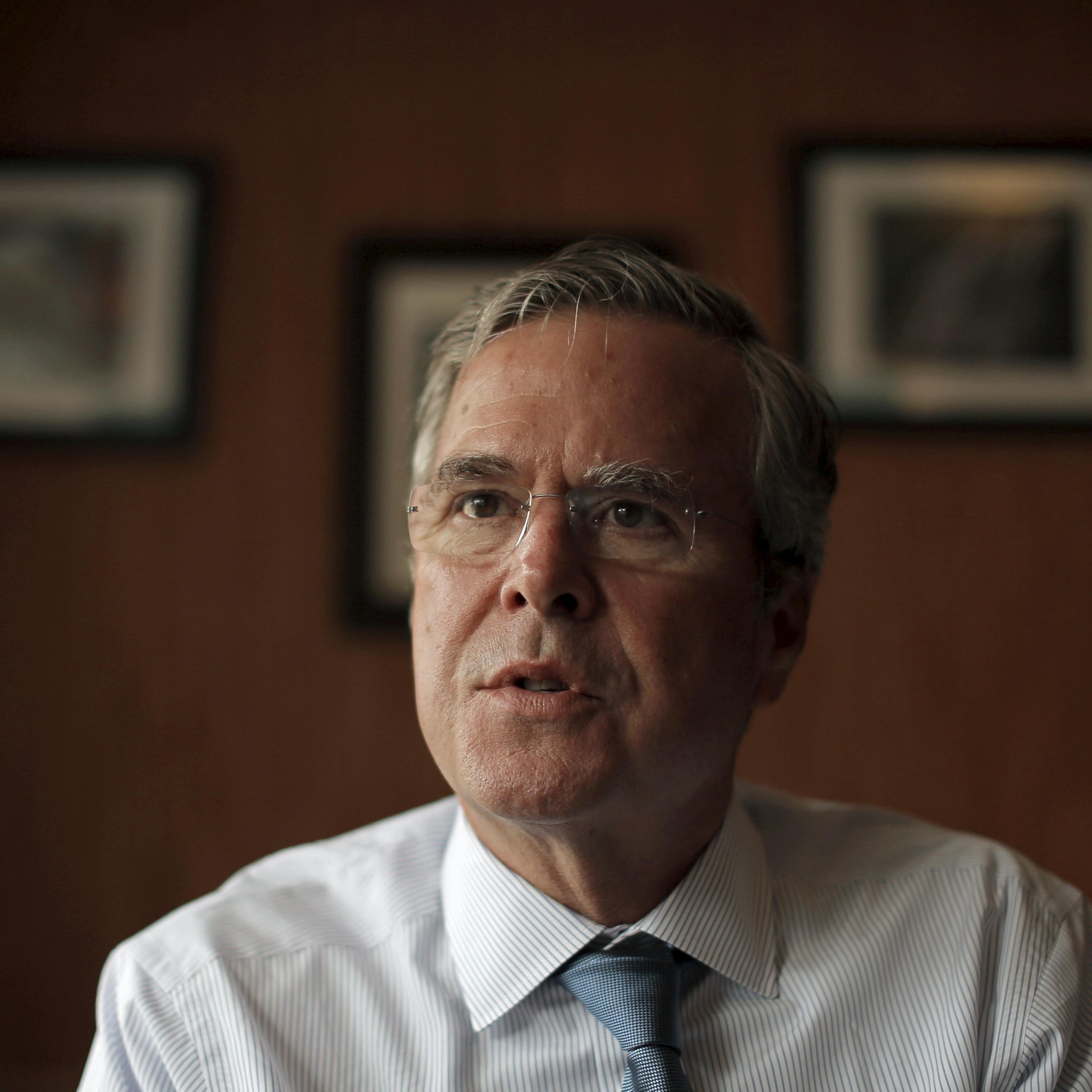 U.S. Republican presidential candidate Jeb Bush answers a question during an interview with Reuters at Nonie's Restaurant in Peterborough