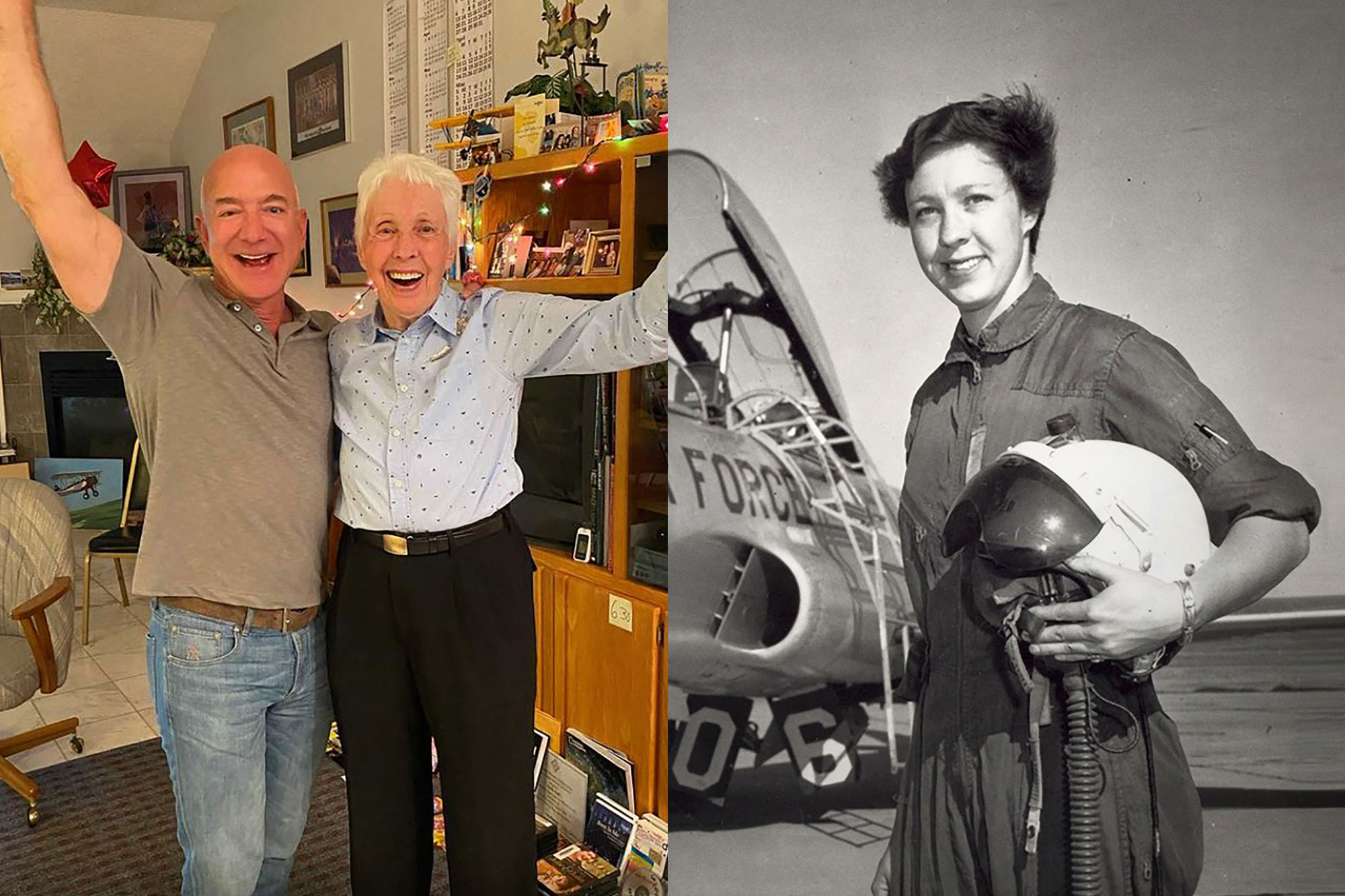 Left: An image posted on Jeff Bezos Instagram account and on the Blue Origin website on July 1st, 2021 shows the moment when Amazon and Blue Origin founder Jeff Bezos announces to Wally Funk she will fly to Space with him on the Blue Origin's New Sheppar
