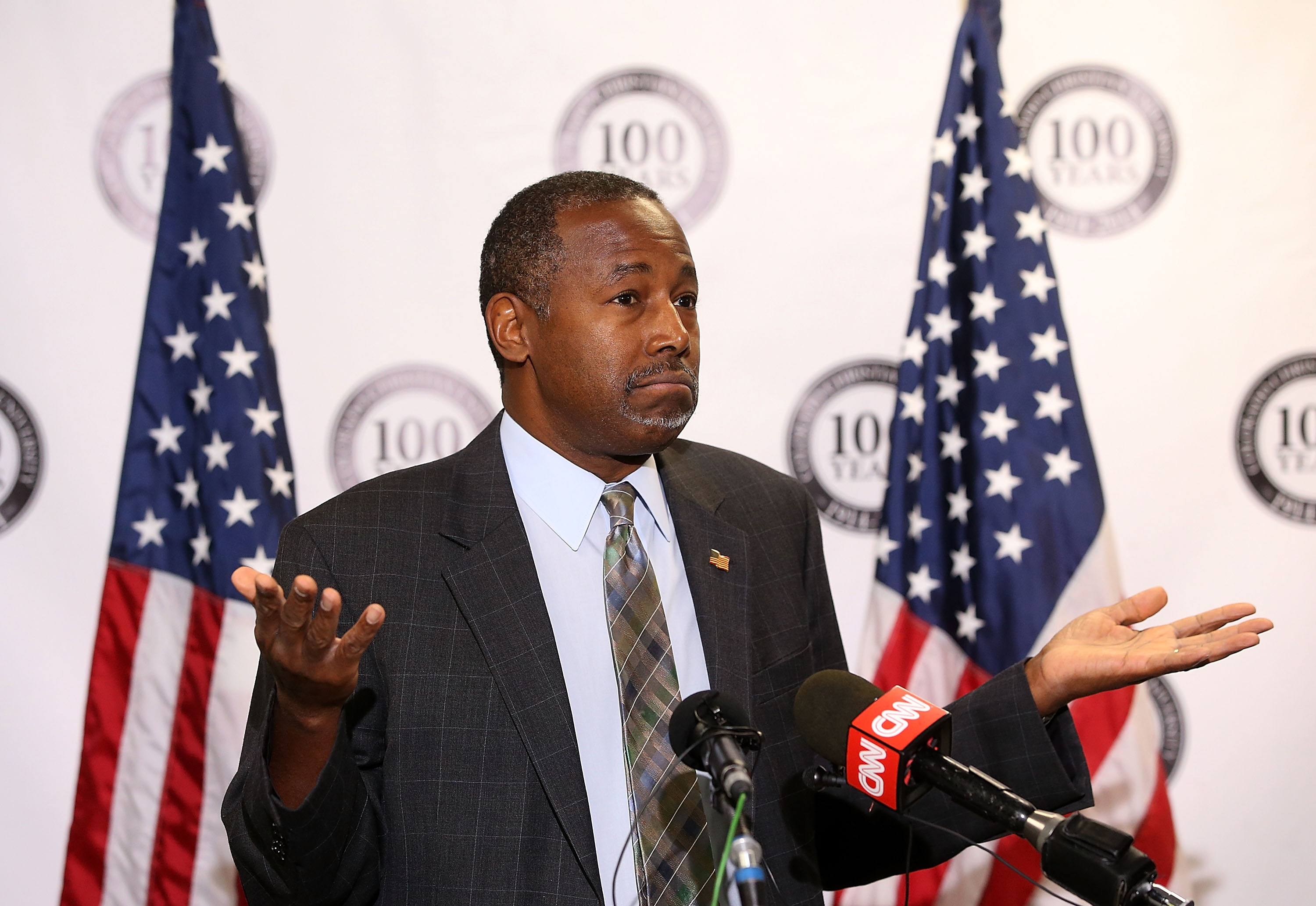 Republican presidential candidate Ben Carson speaks during a news conference before a campaign event at Colorado Christian University in Lakewood, Colo., on Oct. 29, 2015.