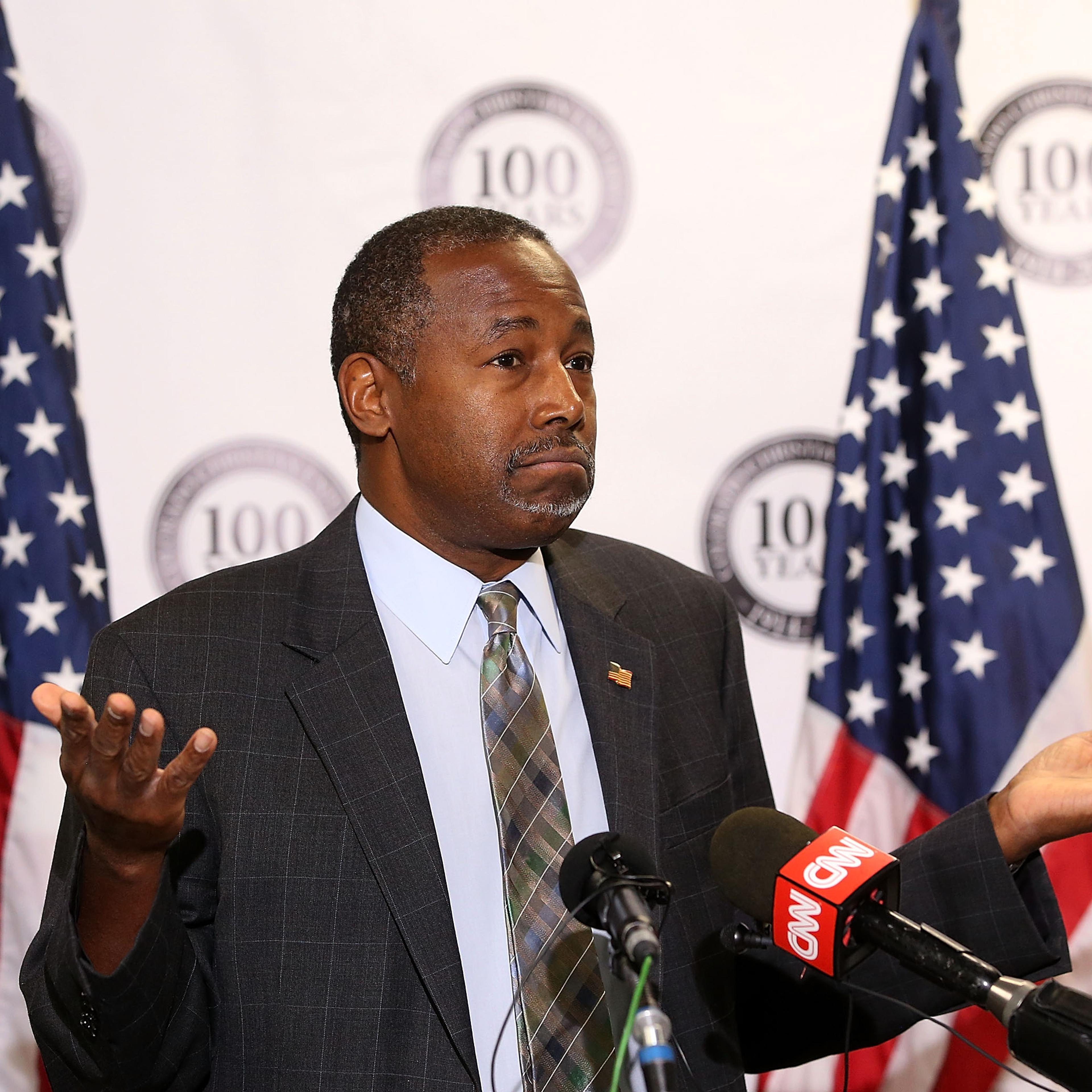 Republican presidential candidate Ben Carson speaks during a news conference before a campaign event at Colorado Christian University in Lakewood, Colo., on Oct. 29, 2015.