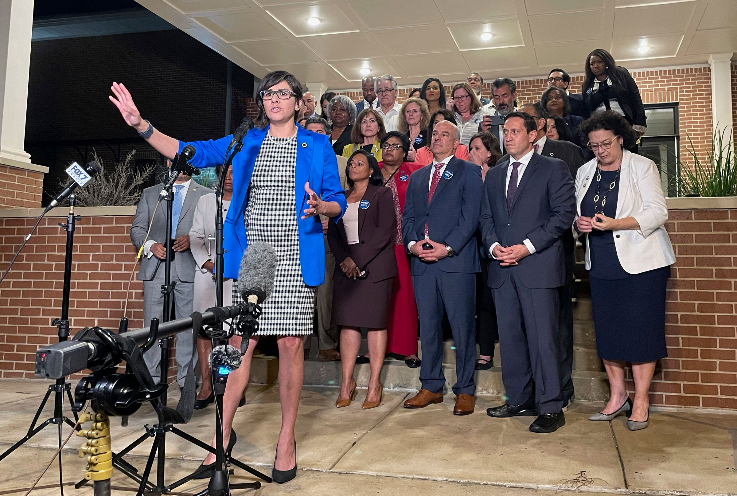 Texas state Rep. Jessica Gonzales speaks during a news conference in Austin, Texas, on early Monday, May 31, 2021, after House Democrats pulled off a dramatic, last-ditch walkout and blocked one of the most restrictive voting bills in the U.S. from passi