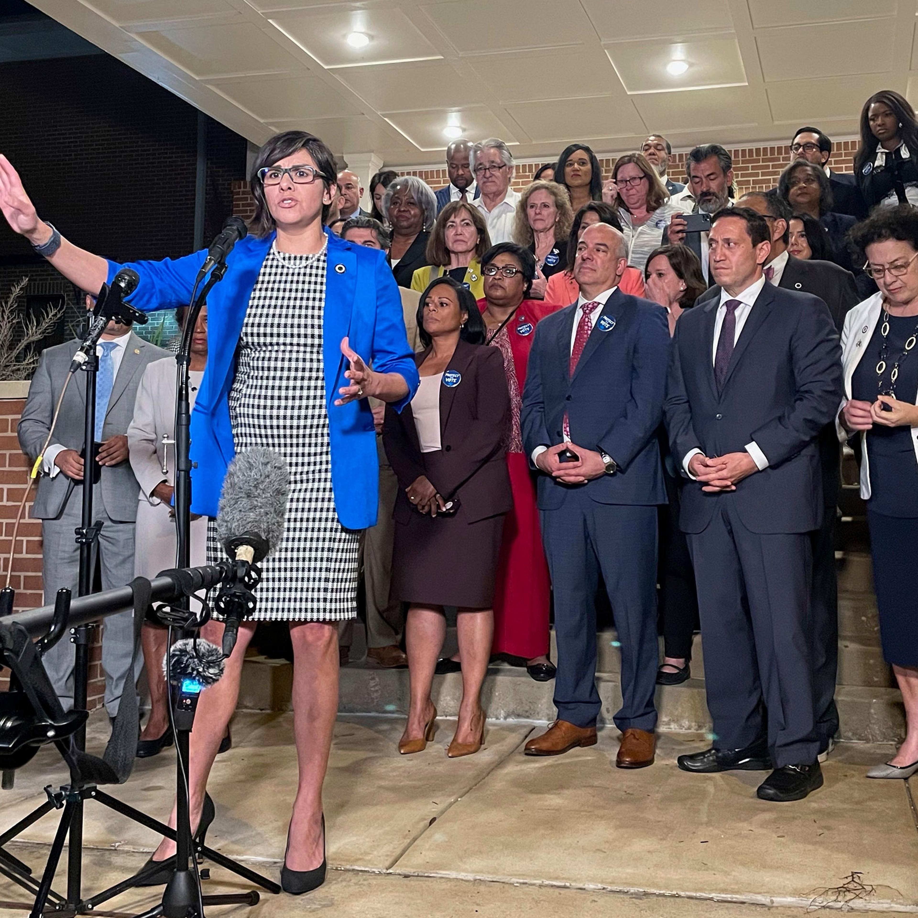 Texas state Rep. Jessica Gonzales speaks during a news conference in Austin, Texas, on early Monday, May 31, 2021, after House Democrats pulled off a dramatic, last-ditch walkout and blocked one of the most restrictive voting bills in the U.S. from passi
