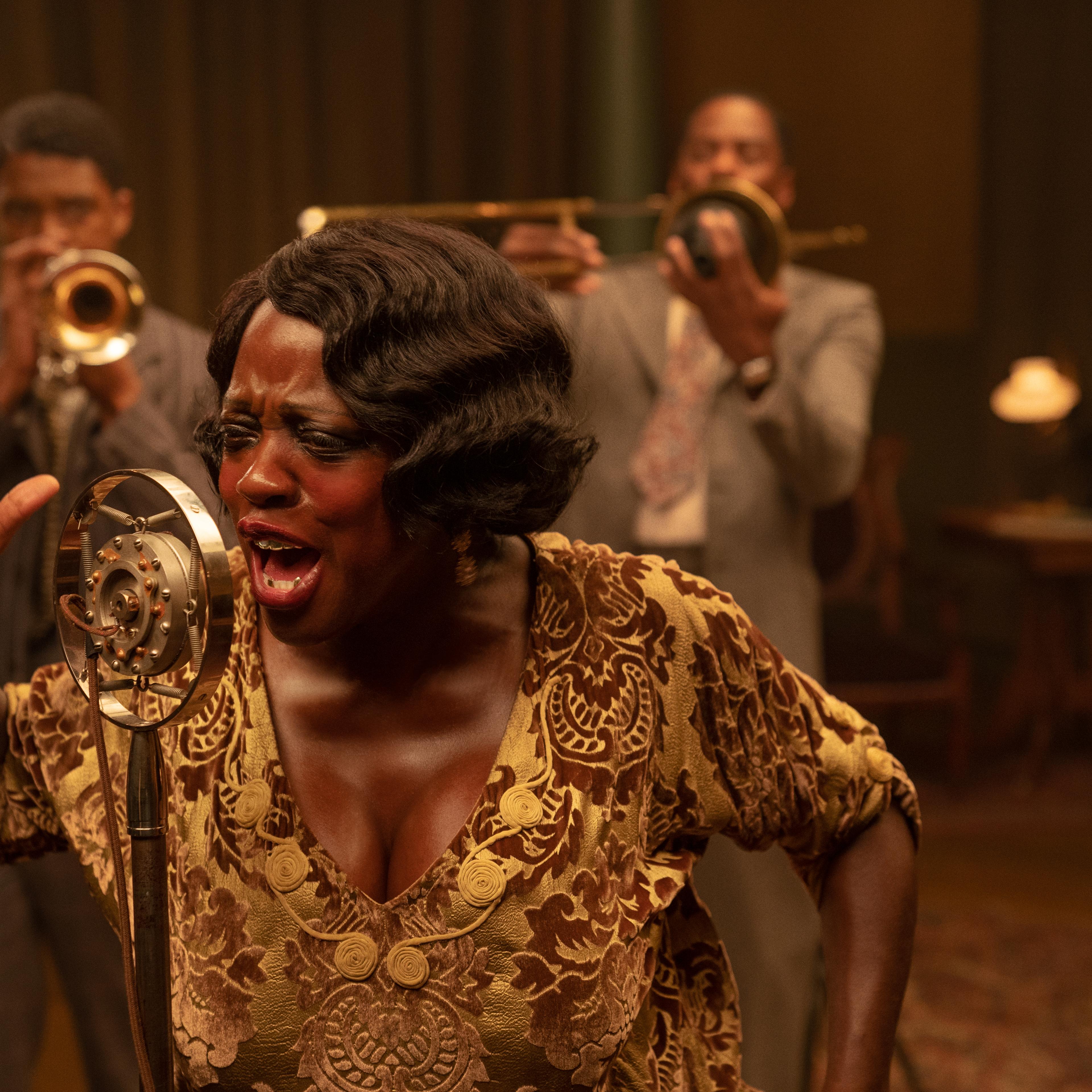 MA RAINEY’S BLACK BOTTOM(2020)Chadwick Boseman as Levee, Viola Davis as Ma Rainey and Colman Domingo as Cutler. Cr. David Lee/NETFLIX