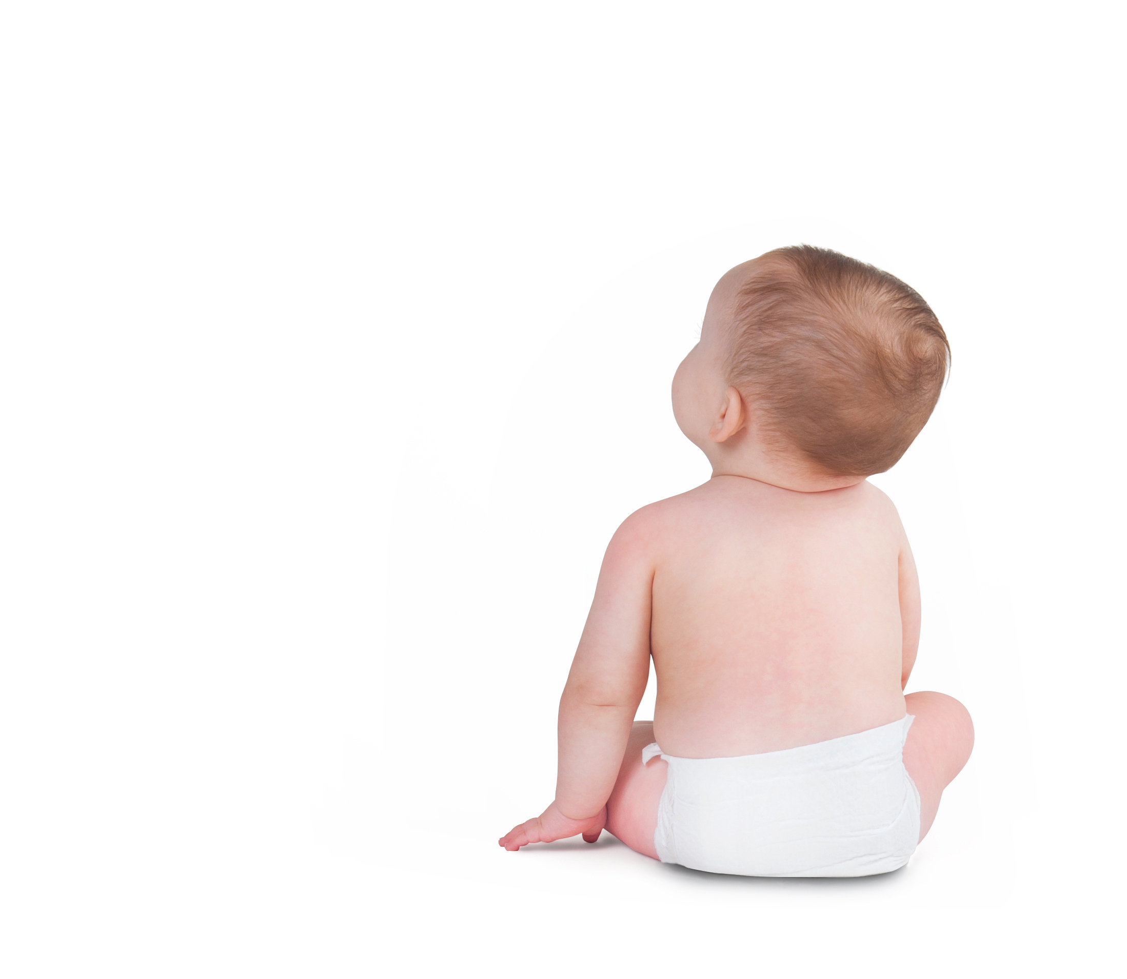 Baby toddler sitting facing backwards isolated on a white background