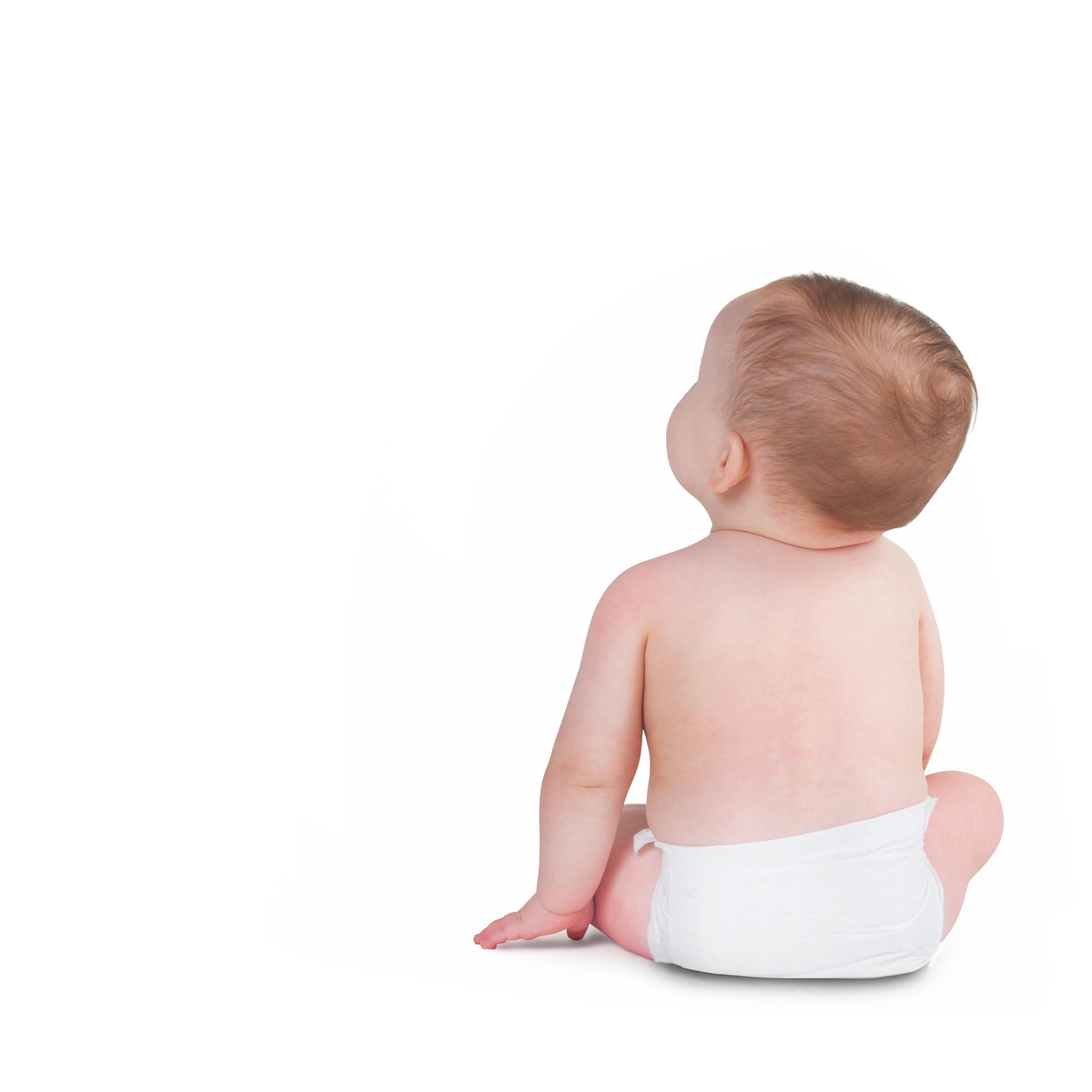Baby toddler sitting facing backwards isolated on a white background