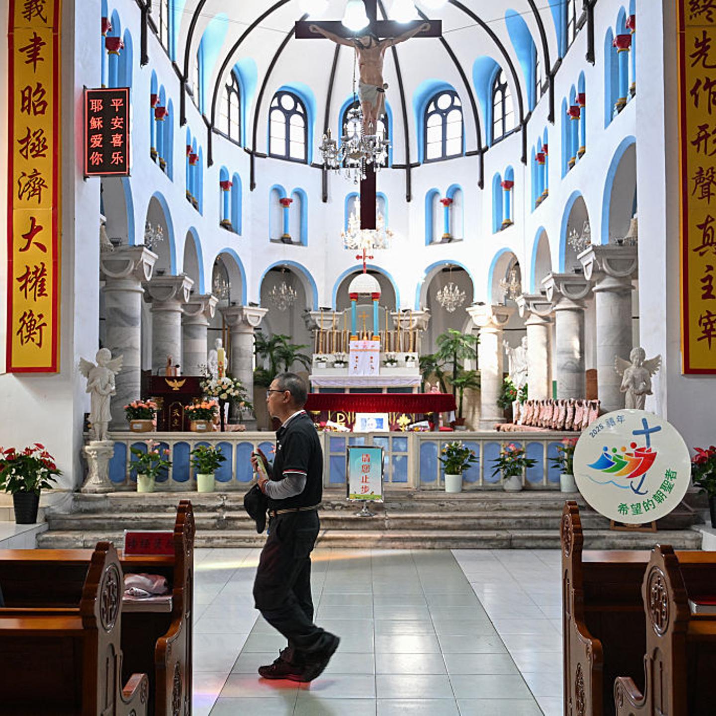 People visit the Baoding Catholic church in Baoding, China's northern Hebei province on April 22, 2025.