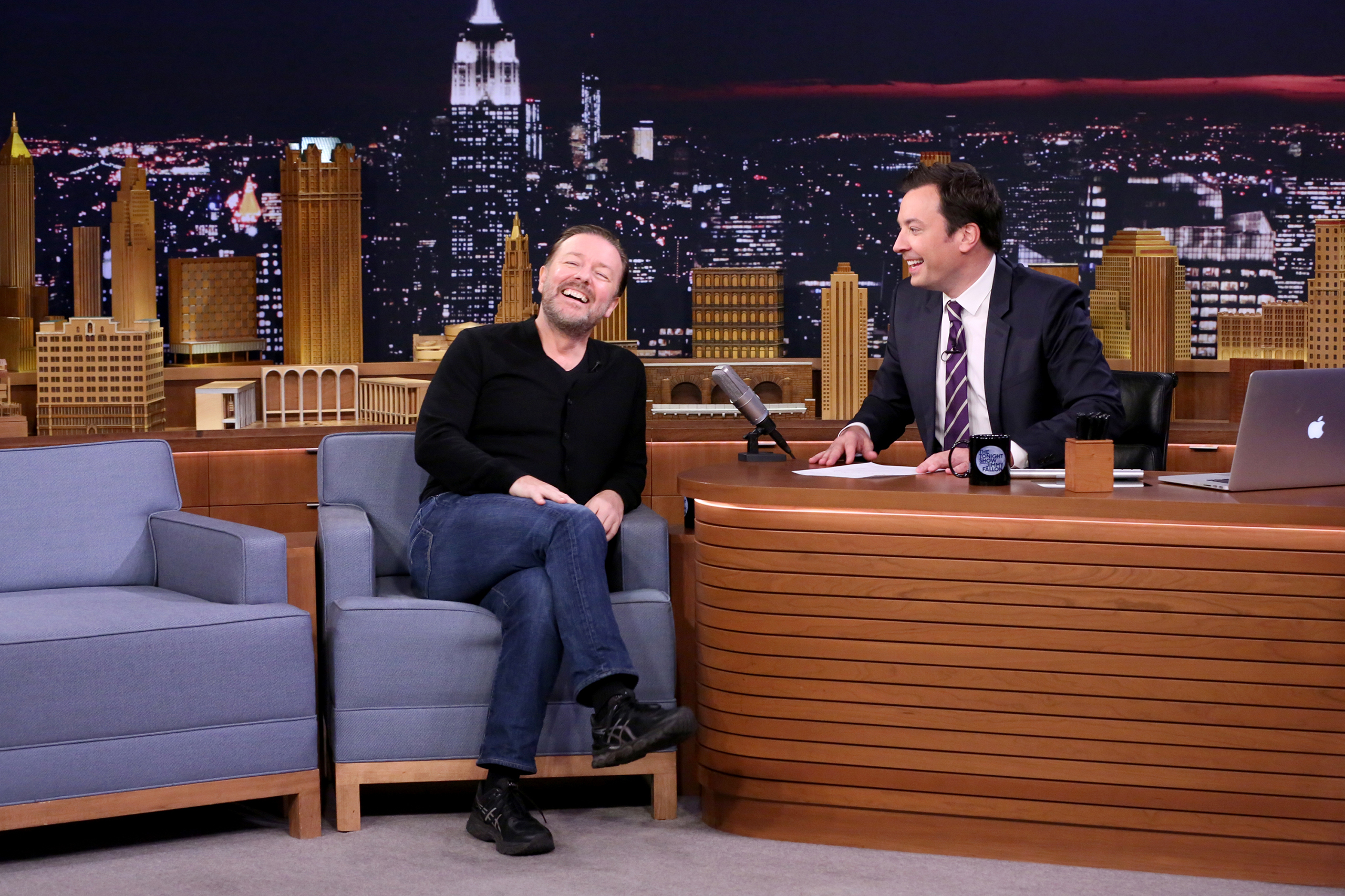 Actor Ricky Gervais during an interview with host Jimmy Fallon on The Tonight Show Starring Jimmy Fallon on Oct. 24, 2016.