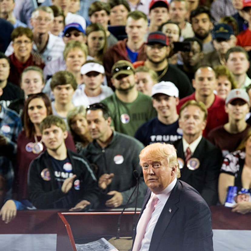 Republican presidential candidate Donald Trump reacts to supporters during a rally at Valdosta State University February 29, 2016 in Valdosta, Georgia.