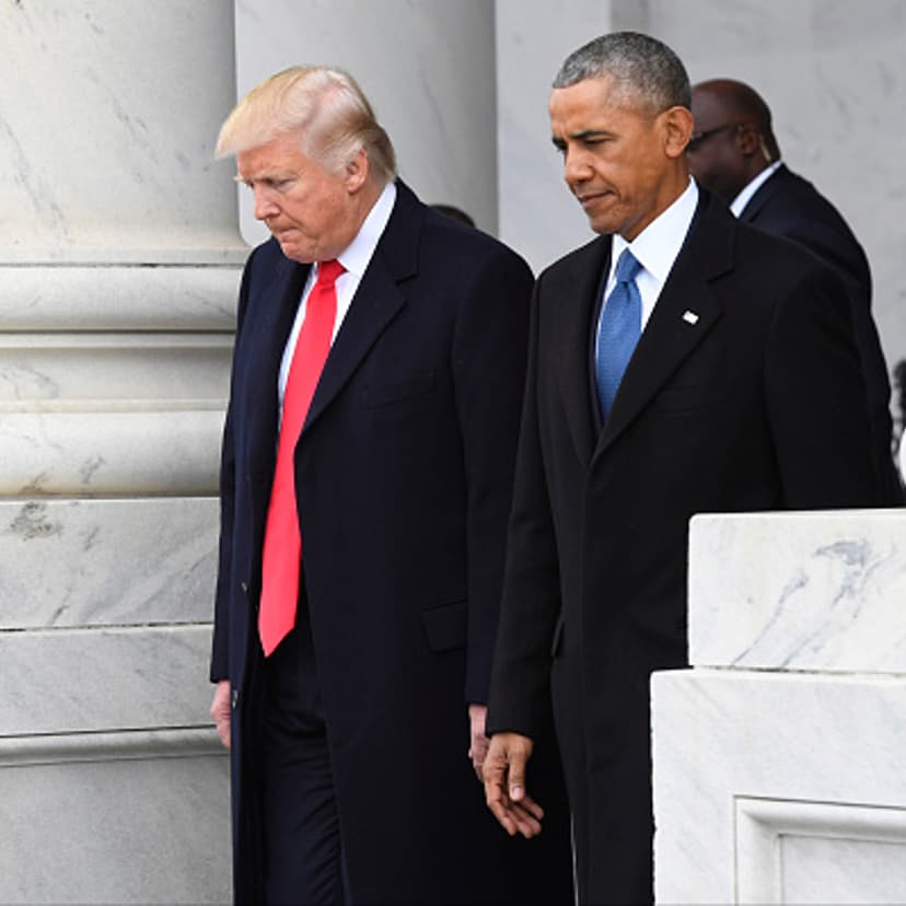 President Donald Trump and former President Barack Obama walk out prior to Obama's departure during the 2017 presidential inauguration at the U.S. Capitol January 20, 2017 in Washington, DC.