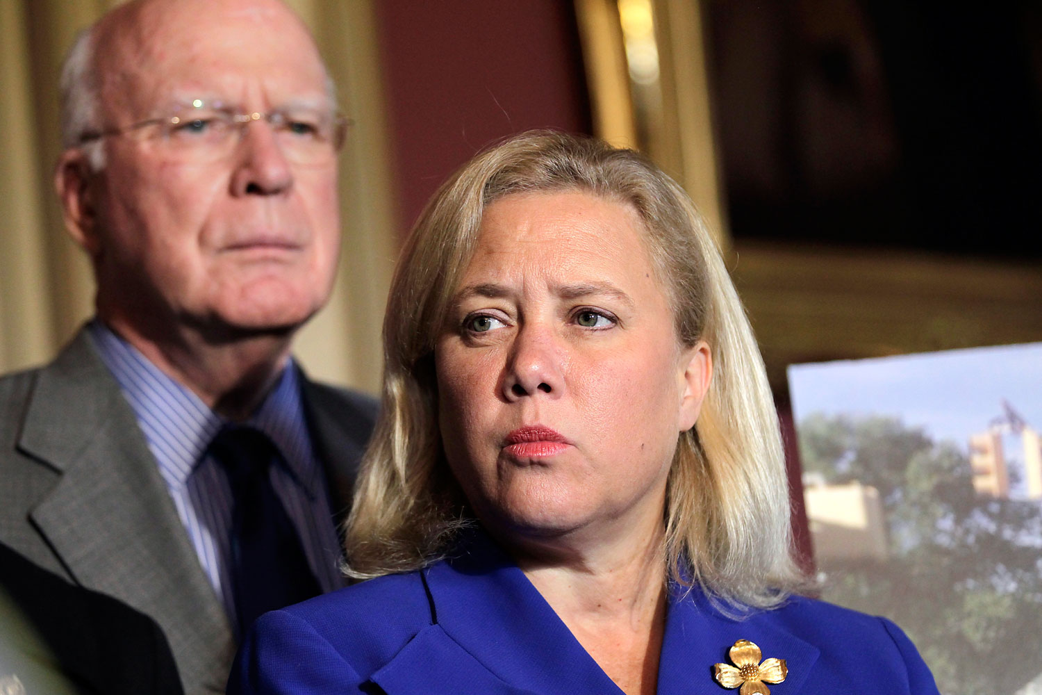 Sen. Mary Landrieu, D-La., right, joined by Sen. Patrick Leahy, D-Vt., left, urges funding for the Federal Emergency Management Agency as the agency is on track to run out of disaster relief funds after responding to a spate of natural disasters this yea