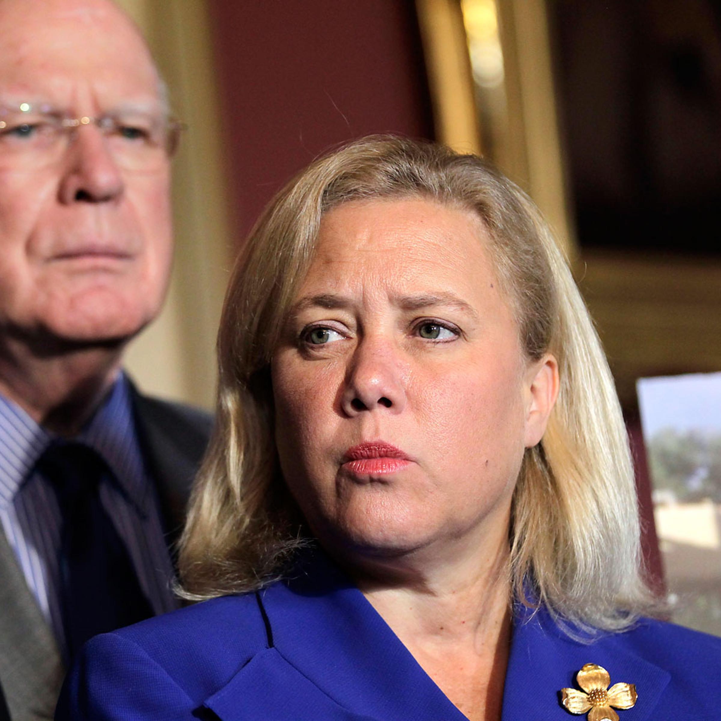 Sen. Mary Landrieu, D-La., right, joined by Sen. Patrick Leahy, D-Vt., left, urges funding for the Federal Emergency Management Agency as the agency is on track to run out of disaster relief funds after responding to a spate of natural disasters this yea