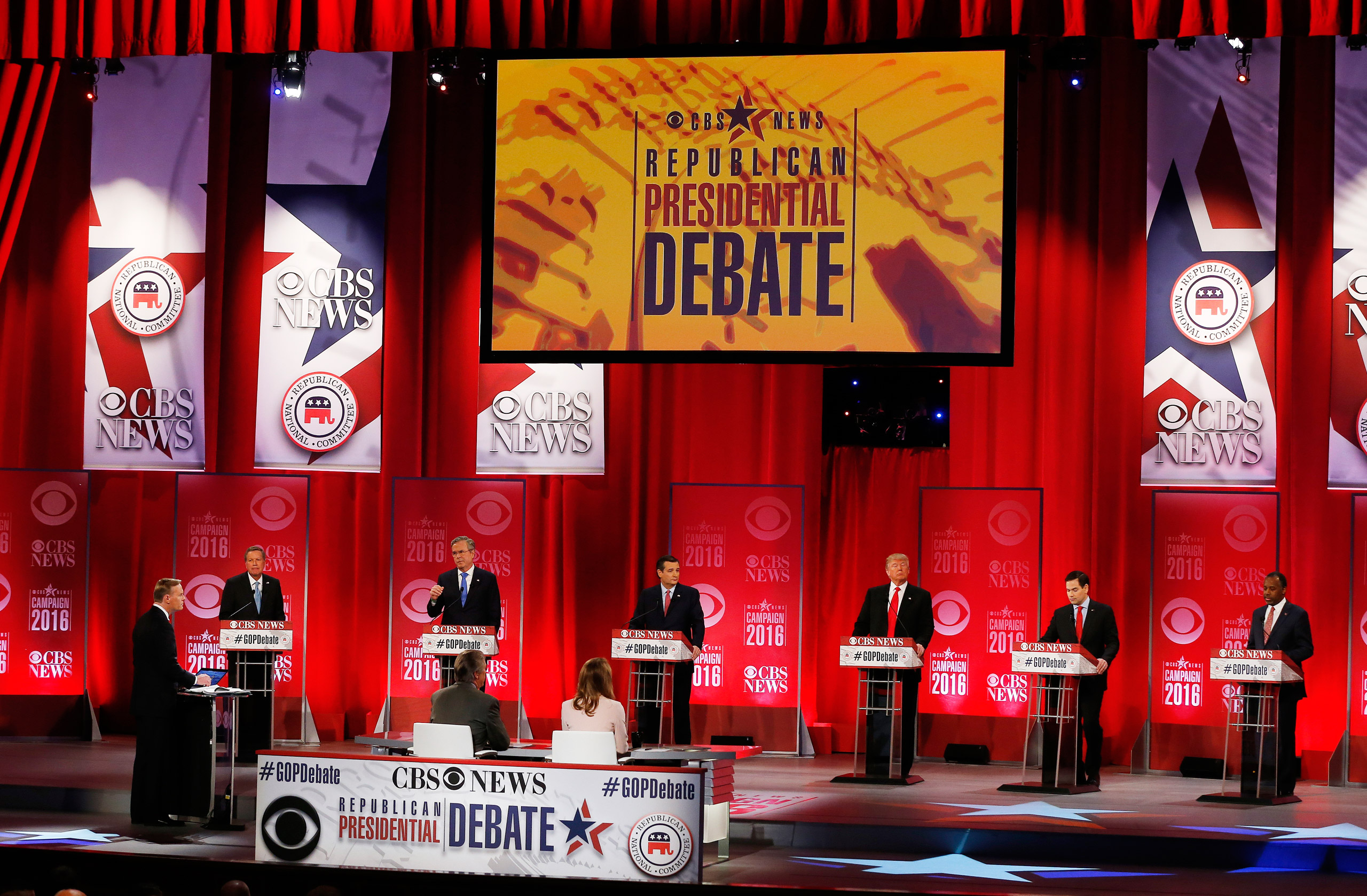 Republican presidential candidates, from left, Ohio Gov. John Kasich, former Florida Gov. Jeb Bush, Sen. Ted Cruz, R-Texas, businessman Donald Trump, Sen. Marco Rubio, R-Fla., retired neurosurgeon Ben Carson participate during the CBS News Republican pre