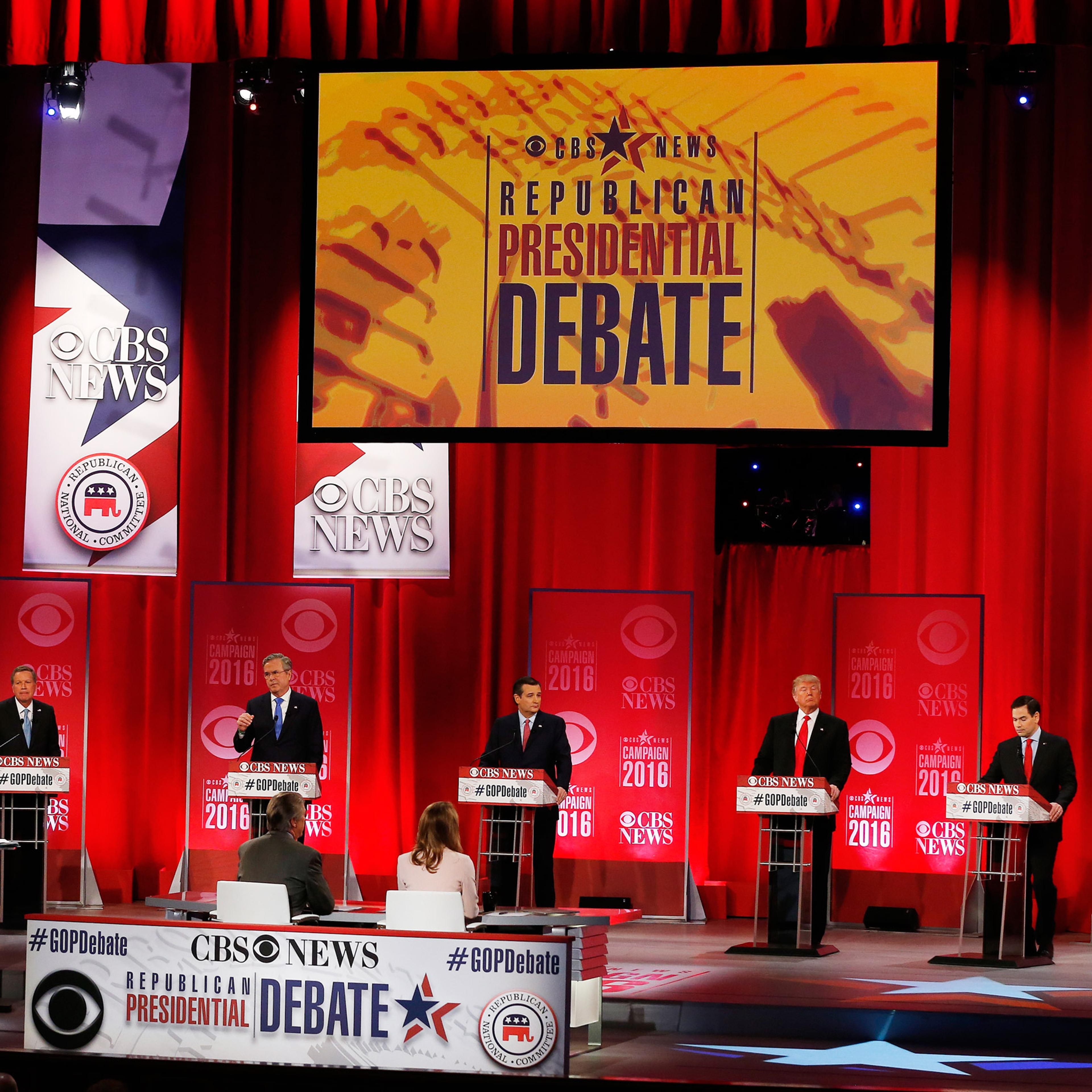Republican presidential candidates, from left, Ohio Gov. John Kasich, former Florida Gov. Jeb Bush, Sen. Ted Cruz, R-Texas, businessman Donald Trump, Sen. Marco Rubio, R-Fla., retired neurosurgeon Ben Carson participate during the CBS News Republican pre