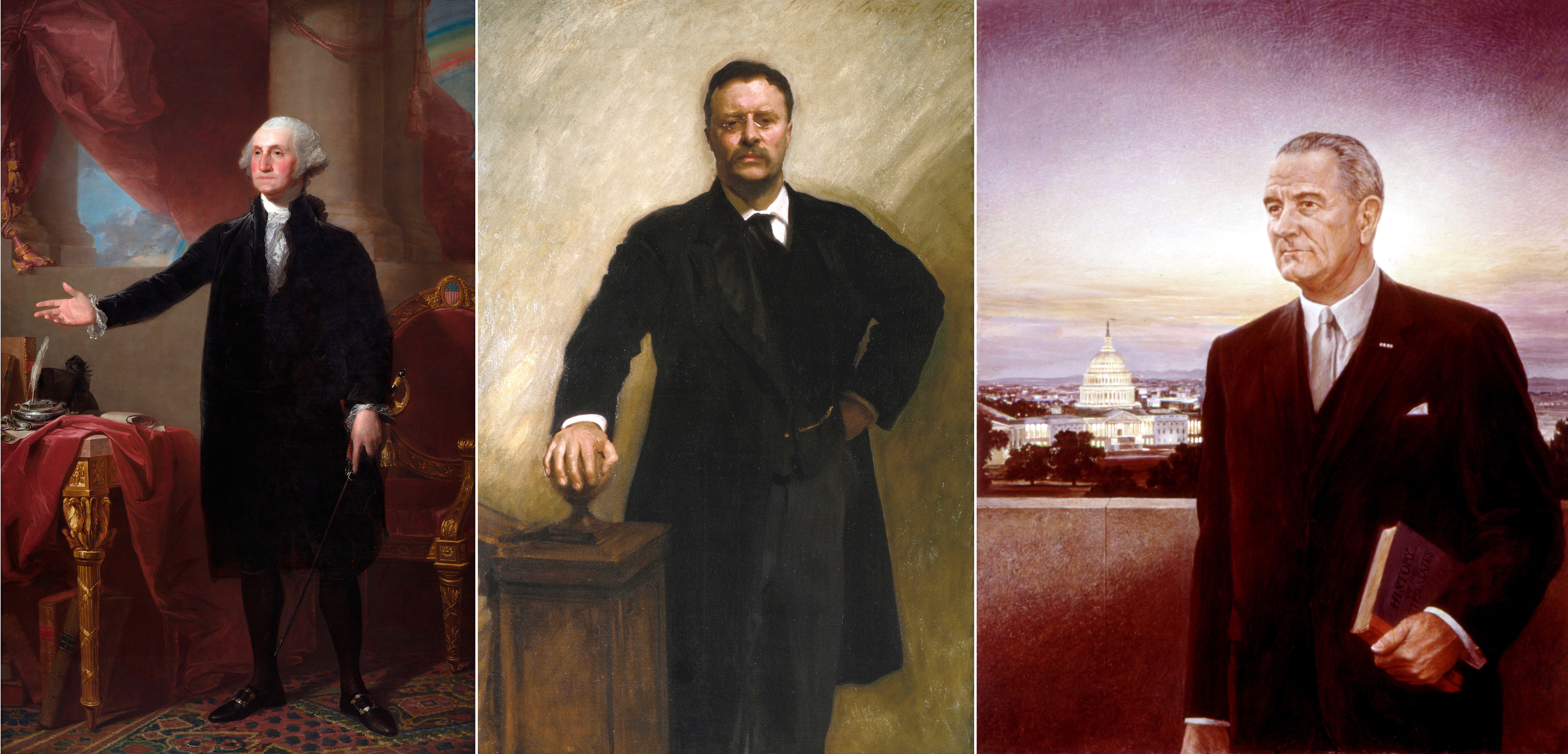 L-R: George Washington (The Lansdowne Portrait) by Gilbert Stuart; President Theodore Roosevelt by John Singer Sargent; Portrait of Lyndon B. Johnson by Peter Hurd