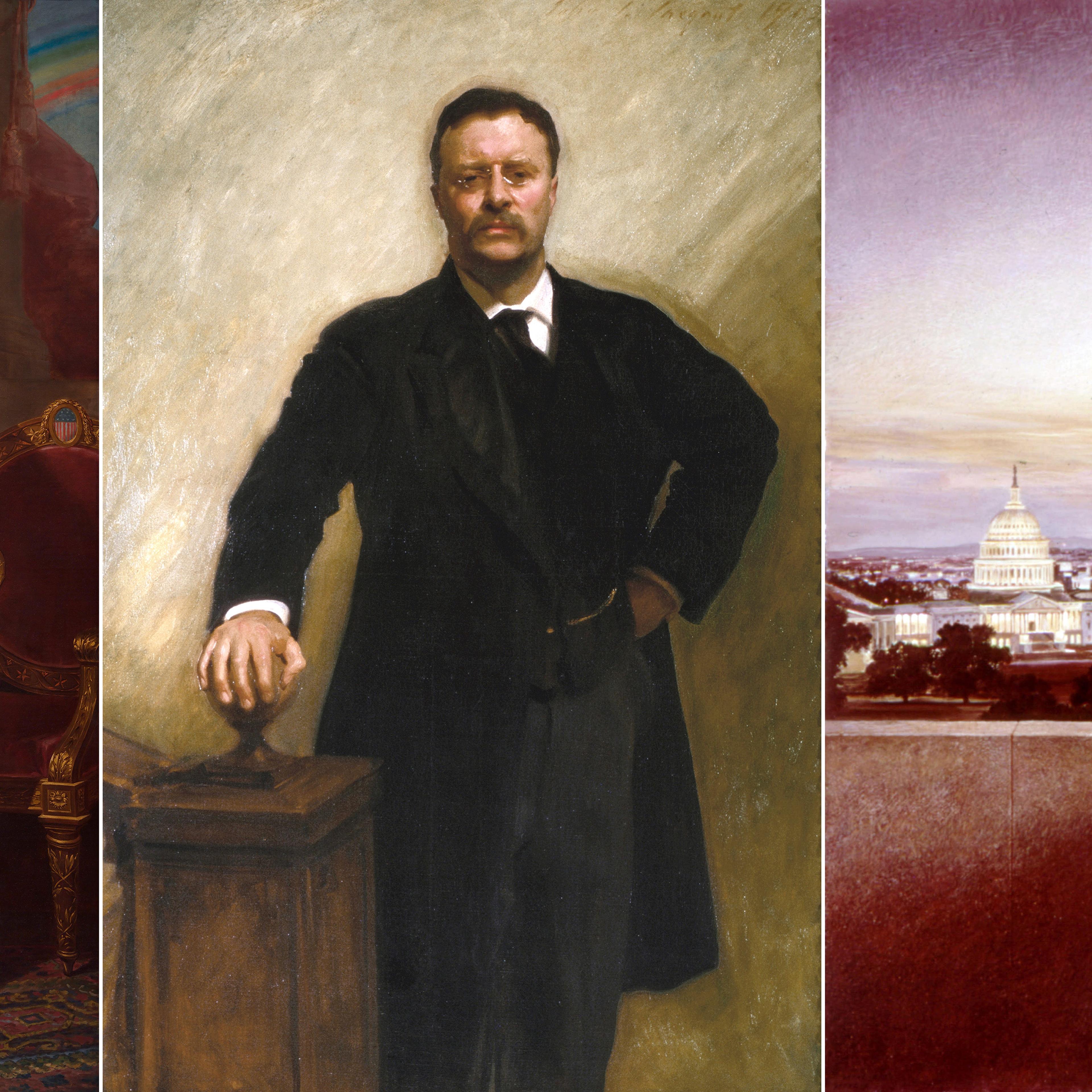 L-R: George Washington (The Lansdowne Portrait) by Gilbert Stuart; President Theodore Roosevelt by John Singer Sargent; Portrait of Lyndon B. Johnson by Peter Hurd