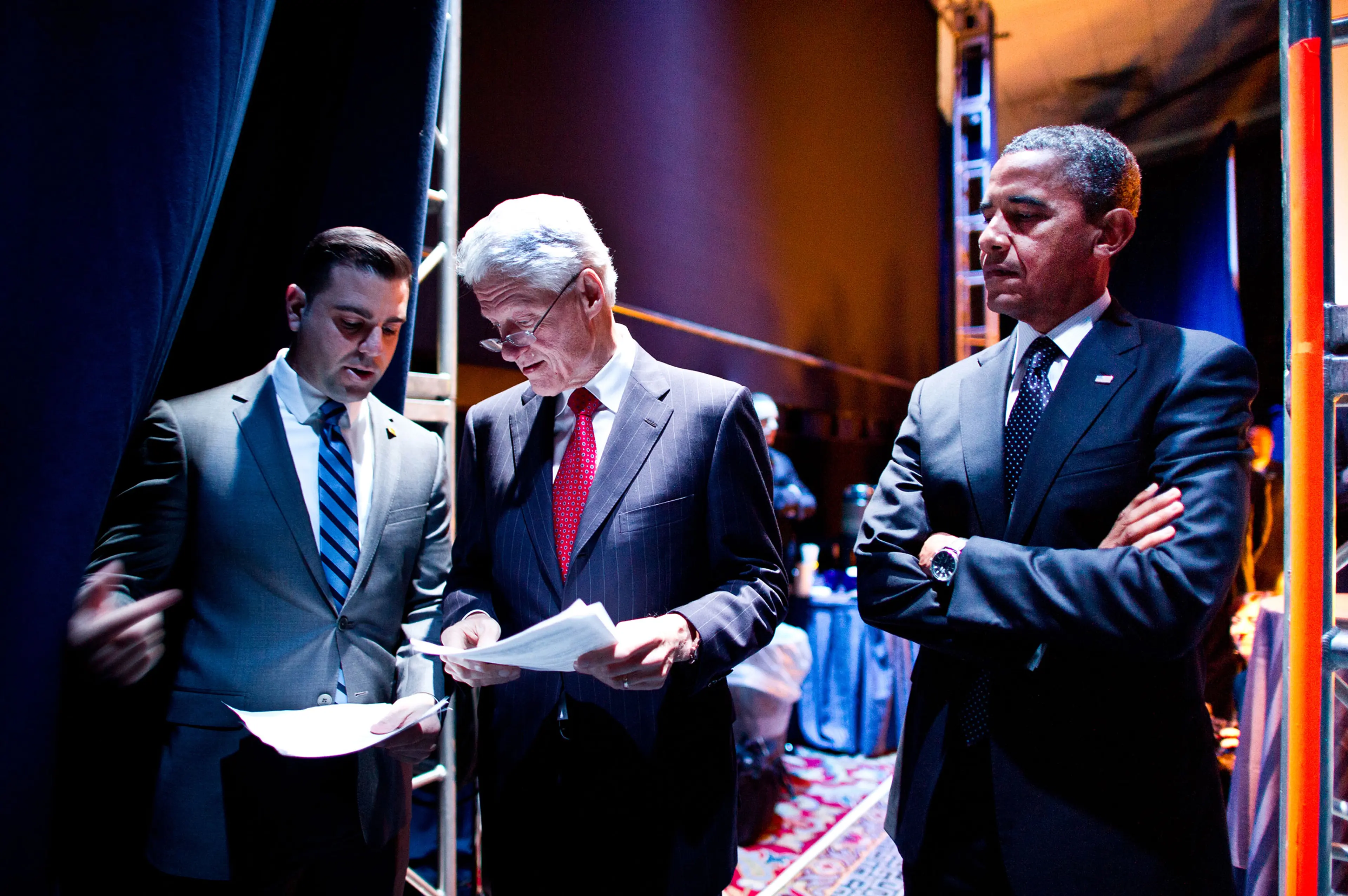 Presidents Bill Clinton and Barack Obama behind the scenes at the 2012 Democratic Convention.