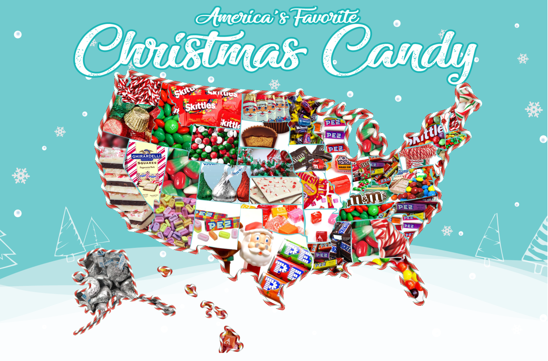 A map of each state's favorite Christmas candy by CandyStore.com.