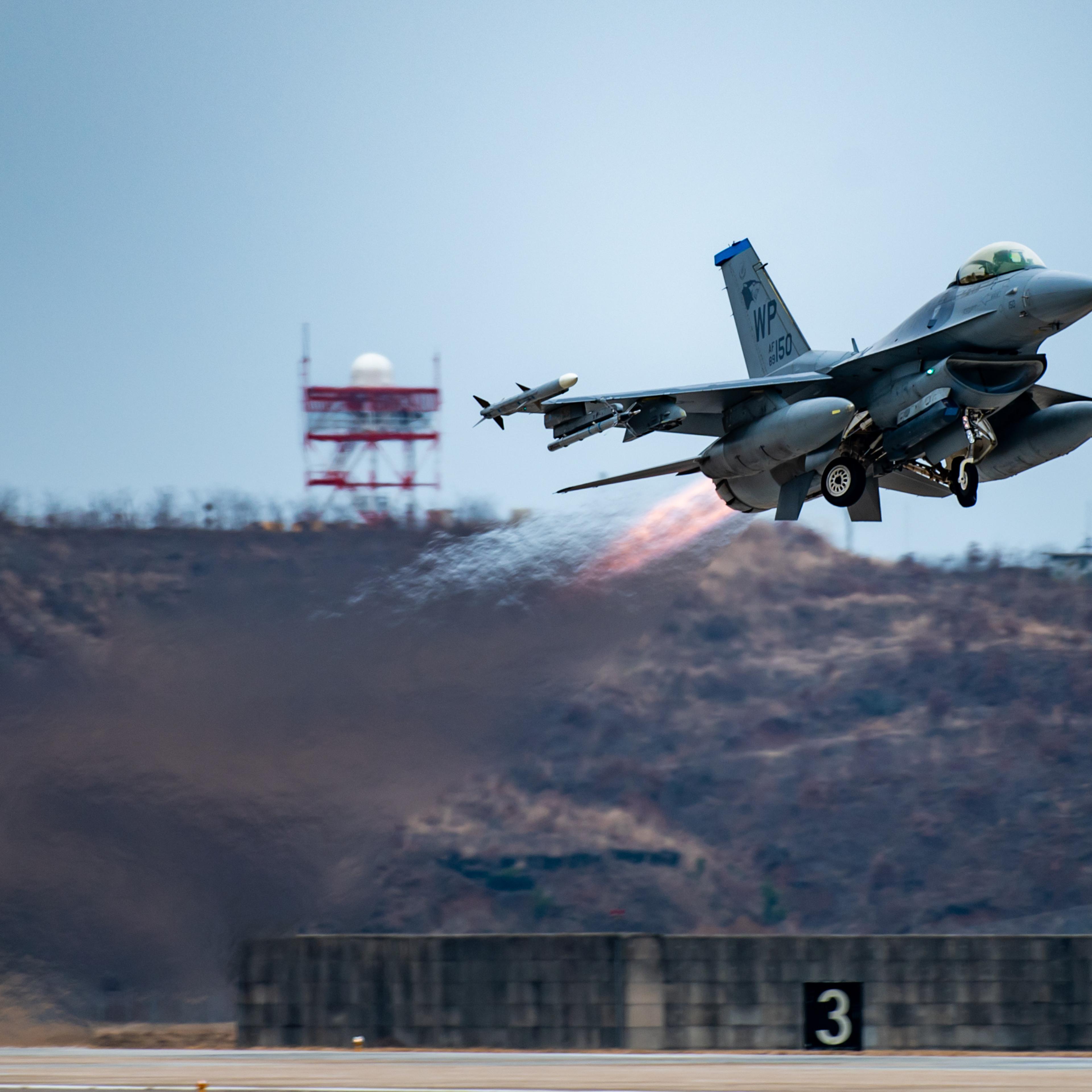 An F-16 Fighting Falcon assigned to the 35th Fighter Squadron takes off for agile combat employment mission at Kunsan Air Base, Republic of Korea, Jan. 19, 2024.