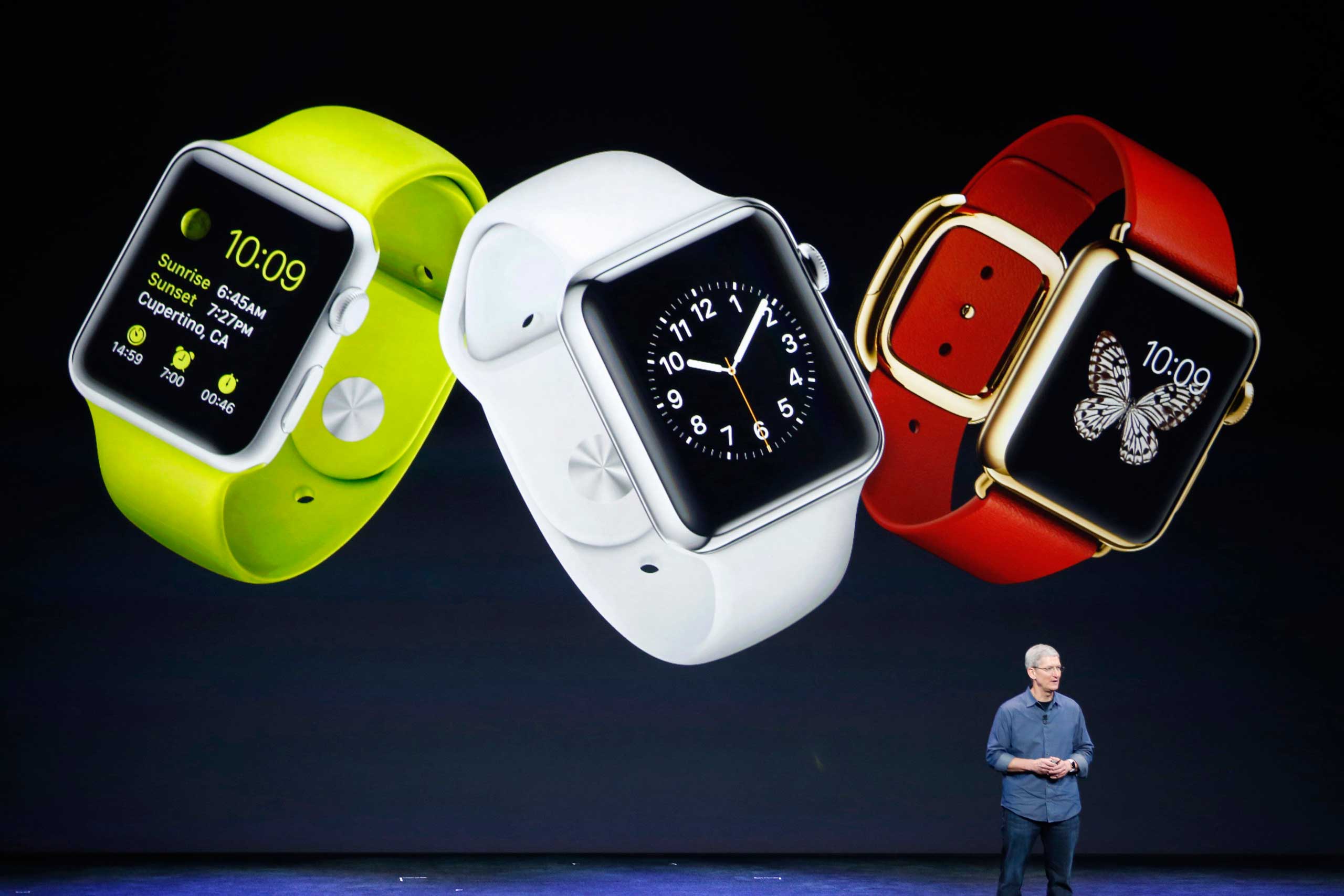 Apple CEO Tim Cook speaks about the Apple Watch during an Apple event at the Flint Center in Cupertino, Calif. on Sept. 9, 2014.