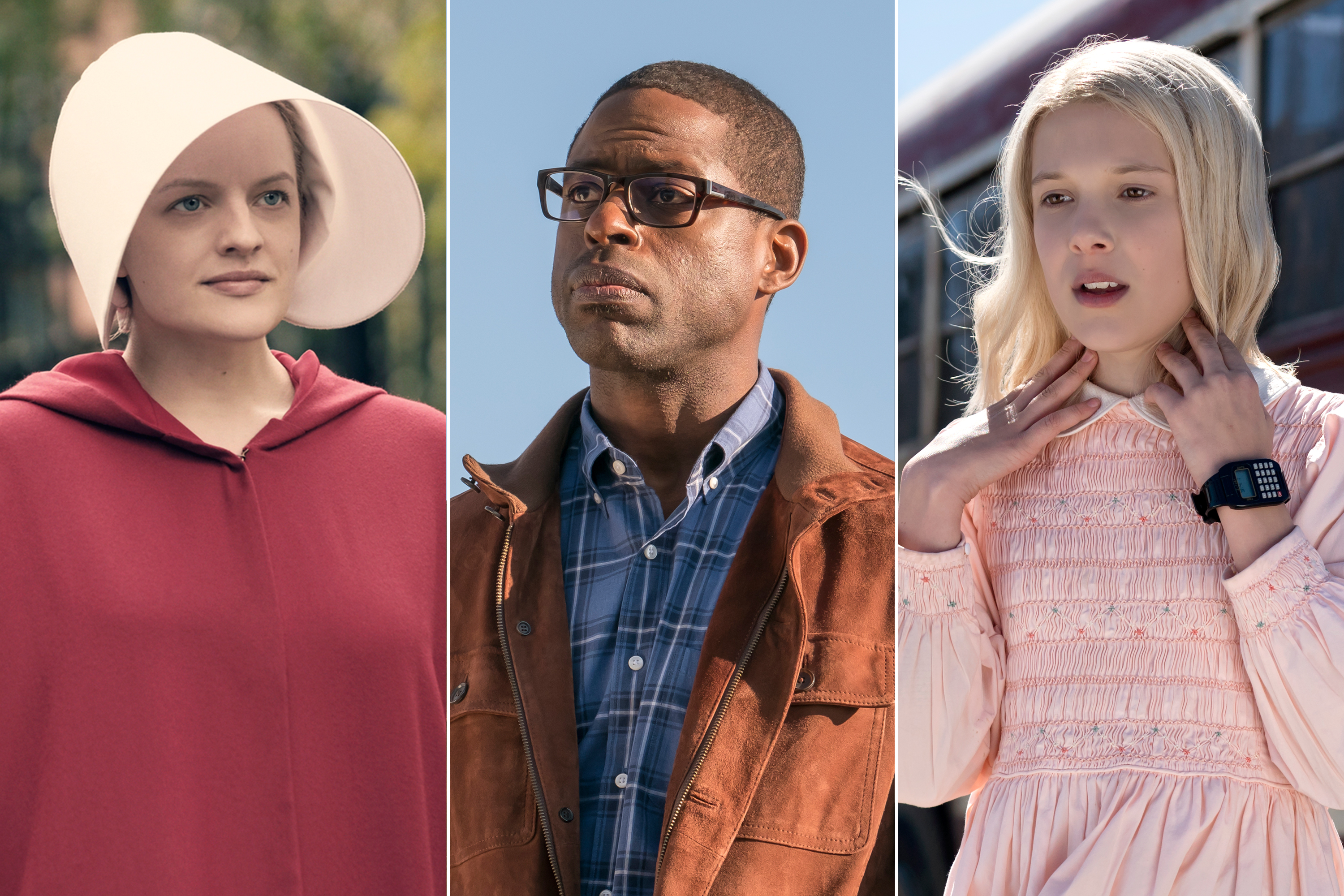 Elisabeth Moss in the Handmaid's Tale, Sterling K. Brown in This Is Us, Millie Bobby Brown in Stranger Things.