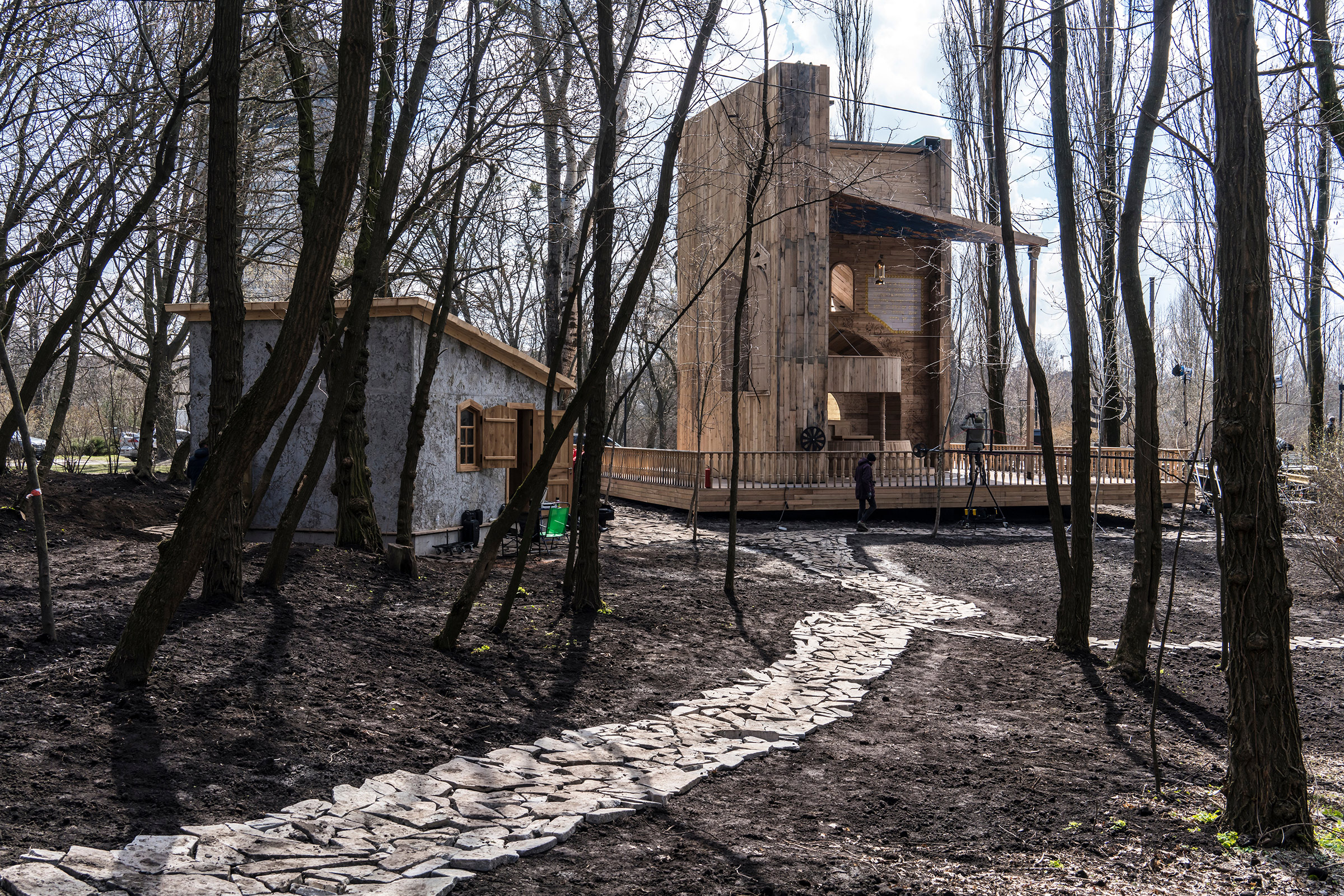The wooden synagogue, shaped like a book, at the Babyn Yar Holocaust memorial in Kyiv