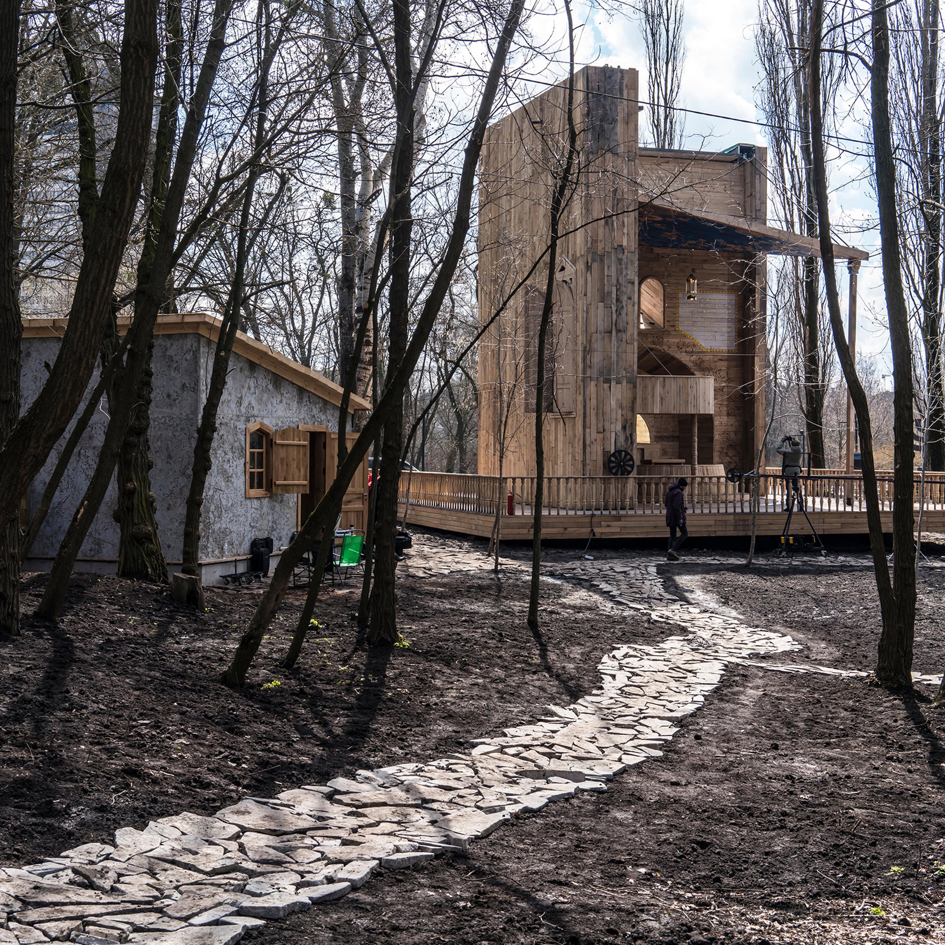The wooden synagogue, shaped like a book, at the Babyn Yar Holocaust memorial in Kyiv