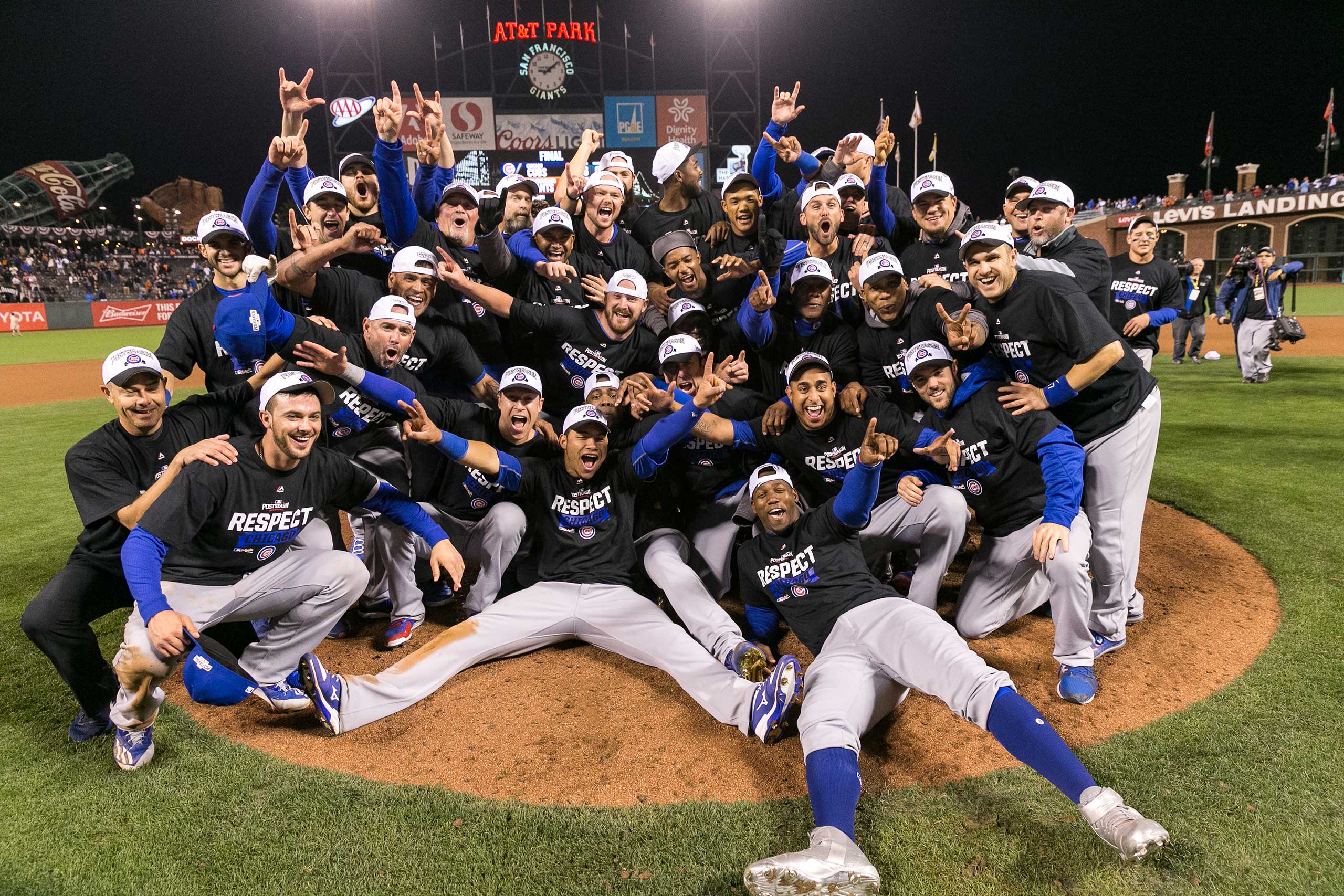 Cubs celebrate after Game 5 win of the NLDS, Oct. 11, 2016.  