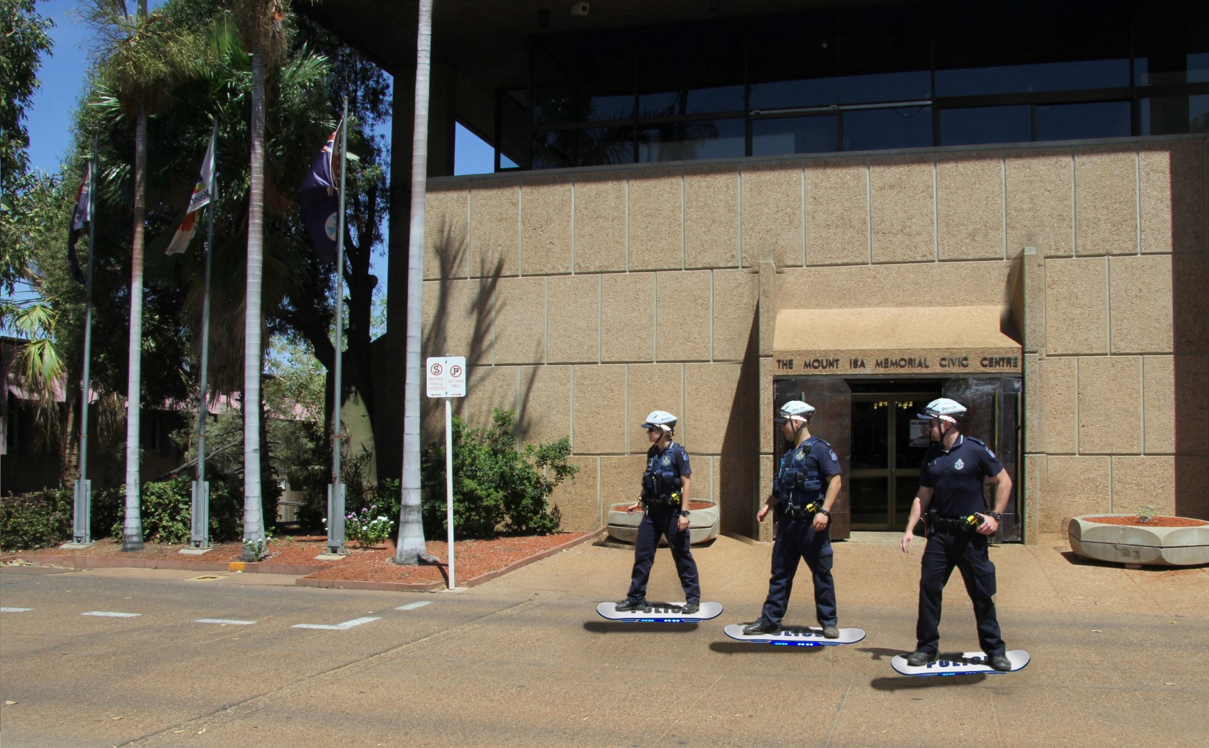 Mount Isa's Hoverboard Unit rushes to the scene in this edited picture, Oct. 21, 2015