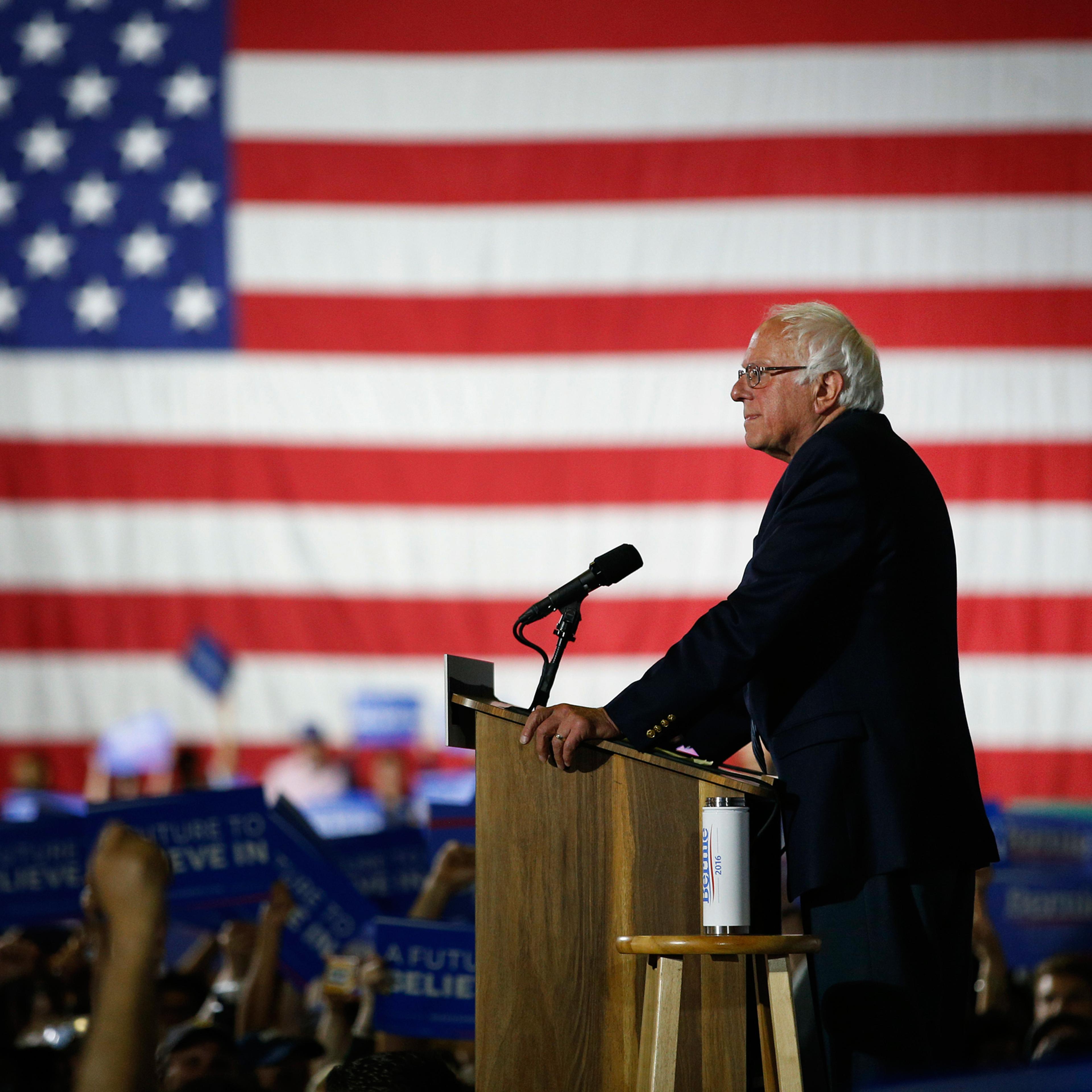 Democratic presidential candidate Sen. Bernie Sanders, I-Vt., speaks at a rally Tuesday, June 7, 2016, in Santa Monica, Calif. (AP Photo/John Locher)