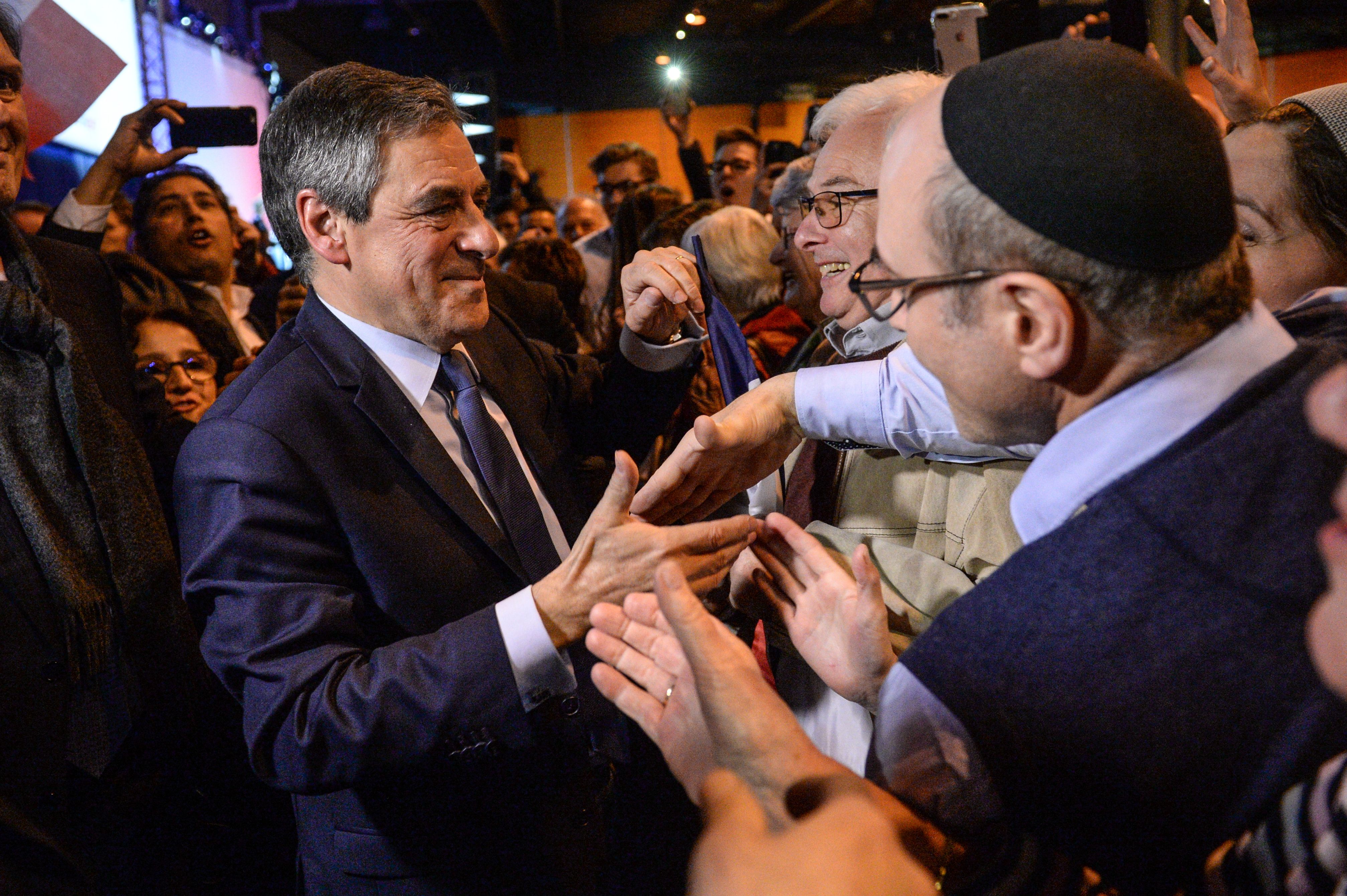 francois fillon flour dumped rally france strasboug