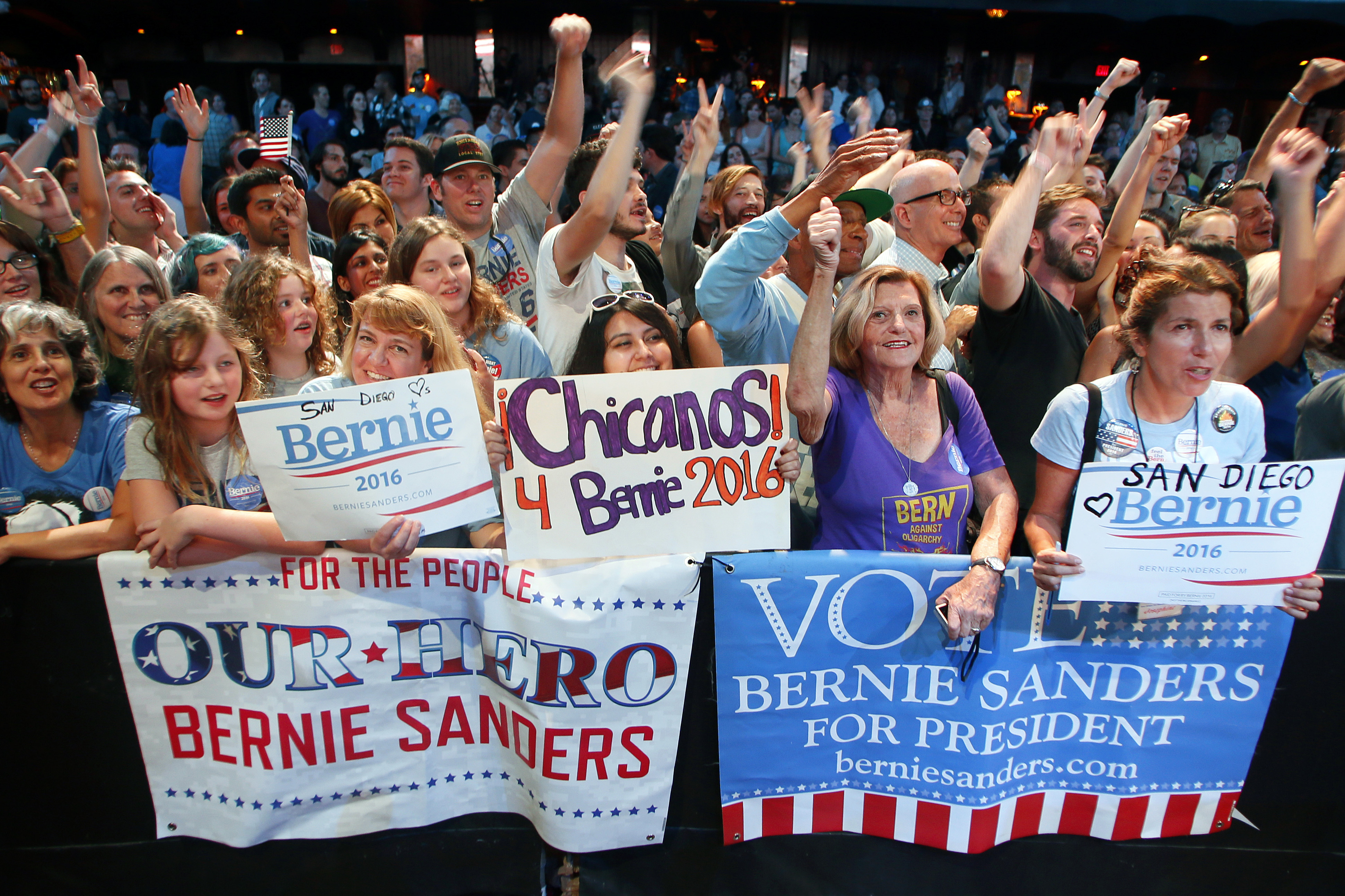 Supporters cheer for Democratic presidential candidate Sen. Bernie Sanders, of Vermont, at a fundraiser on Oct. 14, 2015, in Hollywood, Calif.